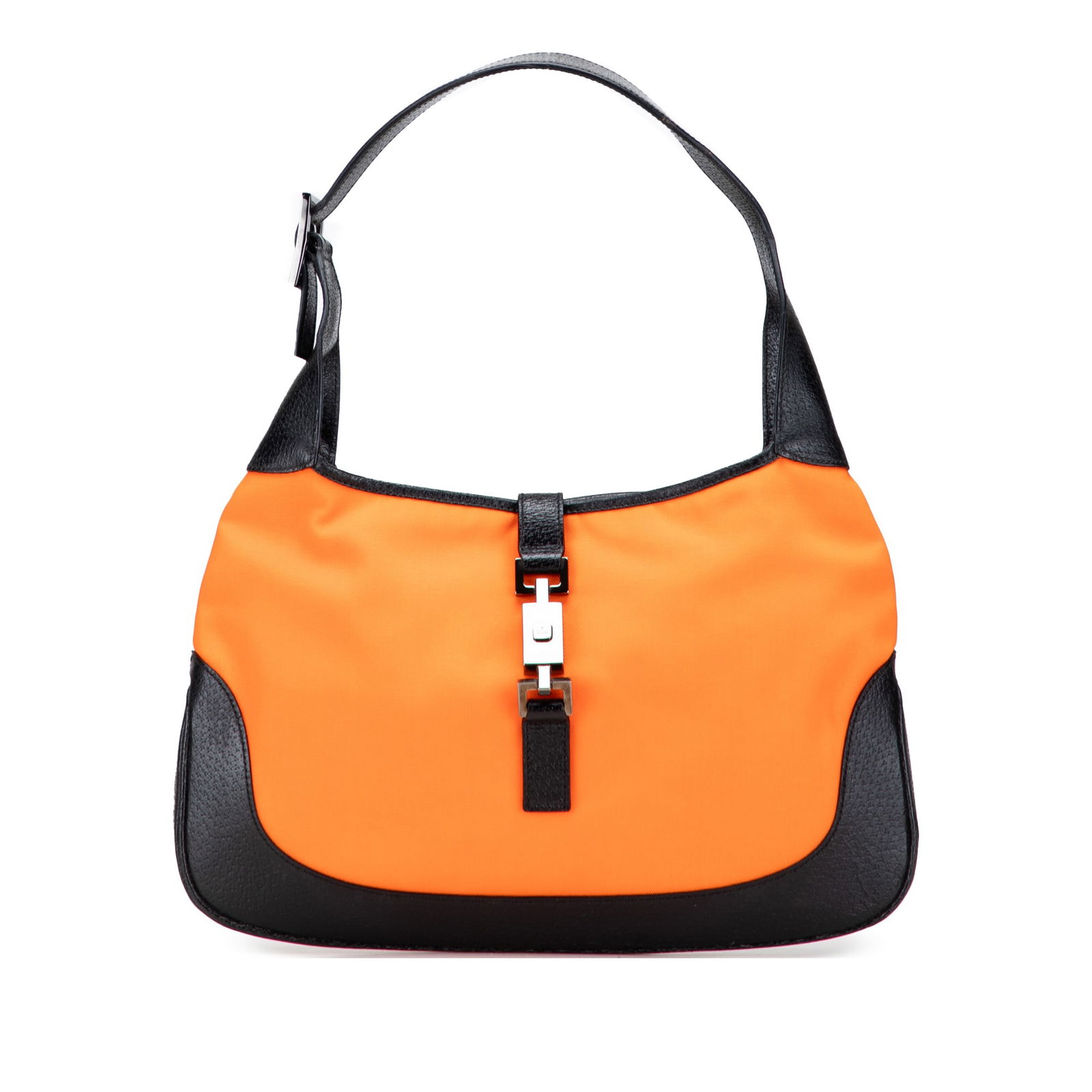 Gucci Nylon Jackie Shoulder Bag in Orange with Leather Trim: Gucci Nylon Jackie Shoulder Bag in Orange with Leather Trim This stylish Gucci Nylon Jackie Shoulder Bag showcases a vibrant orange color with a durable canvas body complemented by leather trim. It fe
