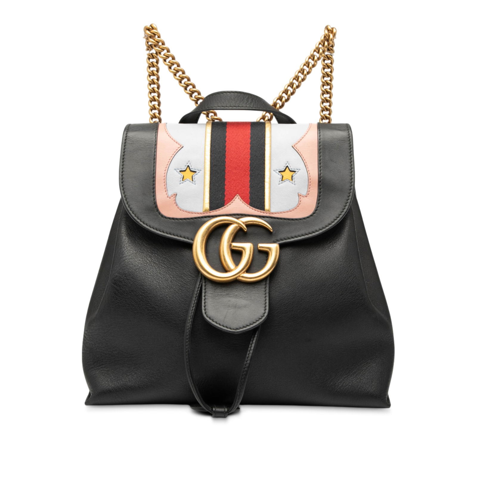 Gucci GG Marmont Black Leather Web Heart Backpack: Gucci GG Marmont Black Leather Web Heart Backpack The Gucci GG Marmont Leather Web Heart Backpack is a stylish and functional accessory crafted from high-quality leather. It features a flat top handle