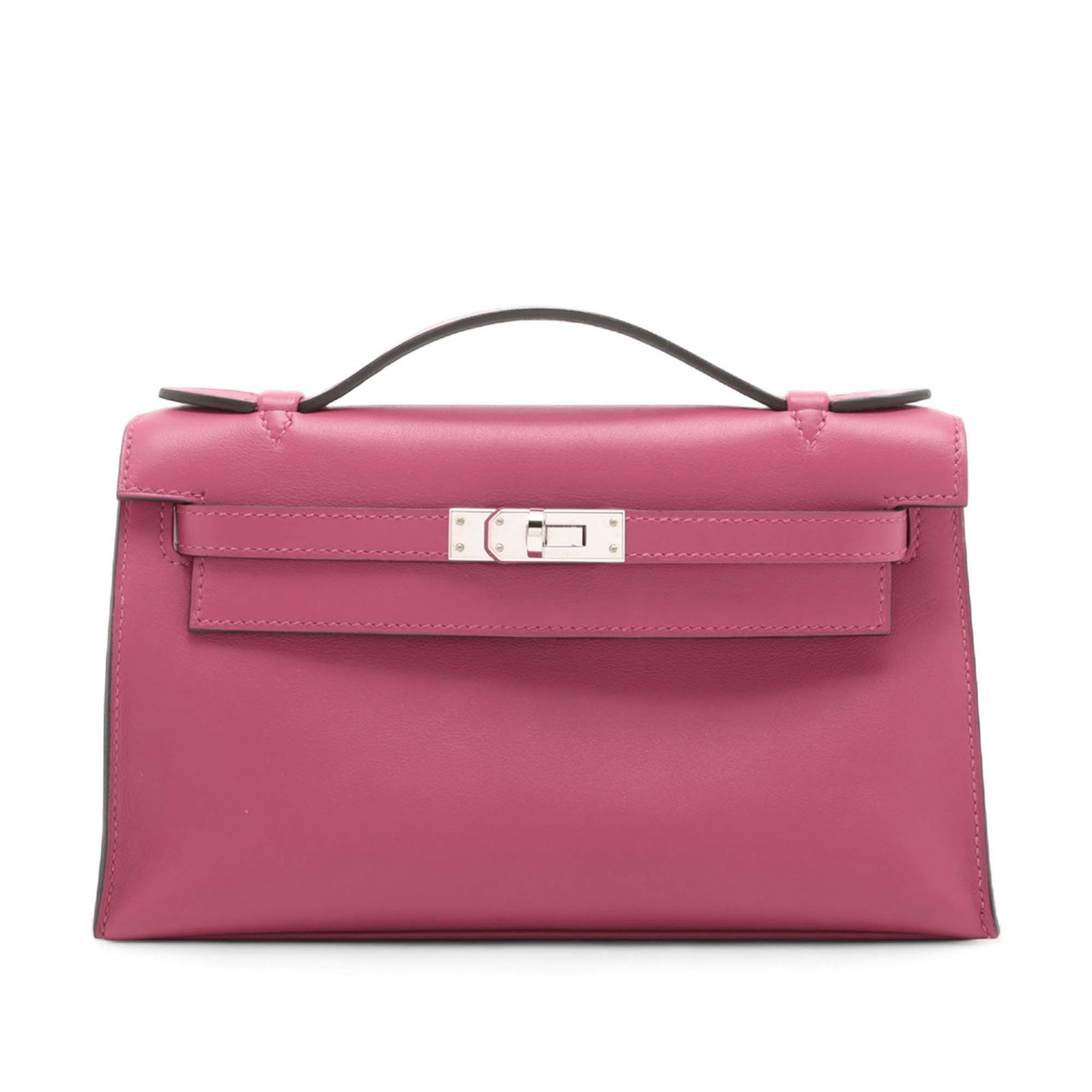 Hermes Swift Kelly Pochette 22 Rose Pourpre Leather Bag: Hermes Swift Kelly Pochette 22 Rose Pourpre Leather Bag The Hermes Swift Kelly Pochette 22 showcases a luxurious Swift leather exterior in a stunning Rose Pourpre hue. This chic bag features a sleek f