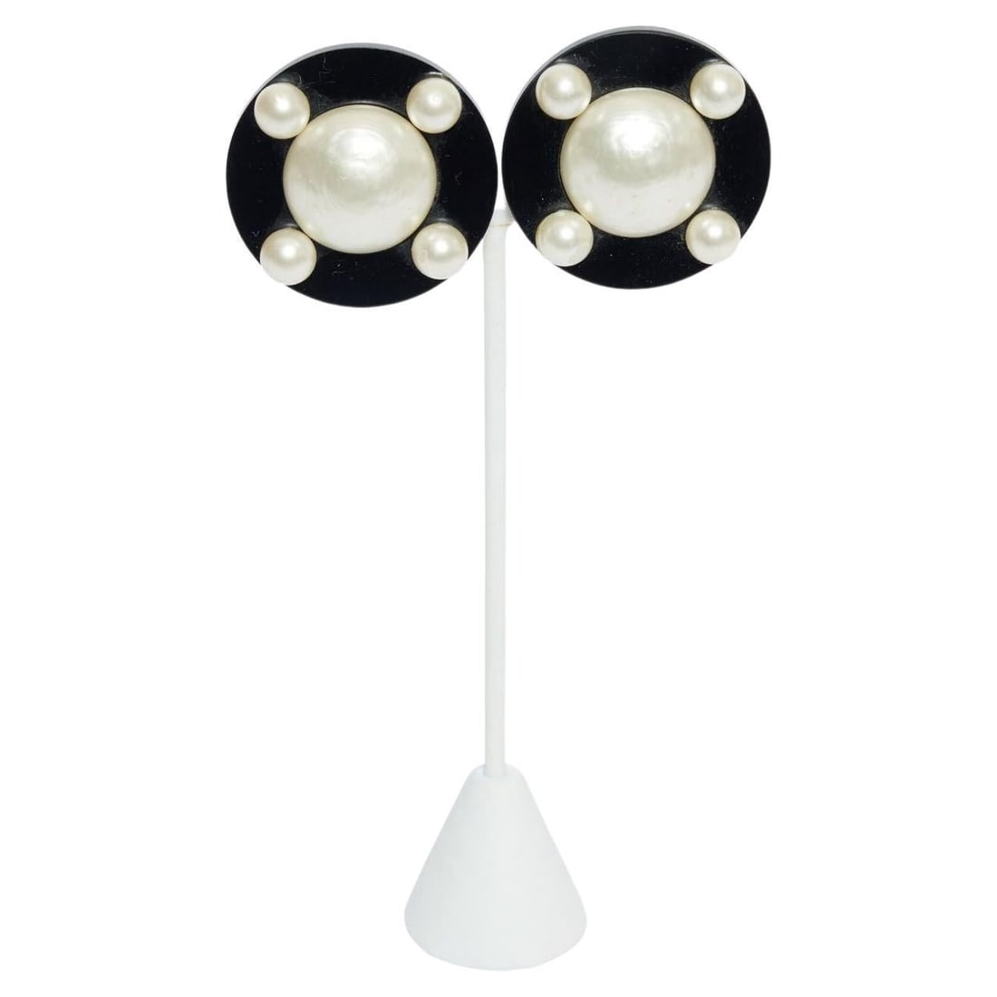 Chanel Black Lucite Pearl Clip-On Earrings with Gold Plate: Chanel Black Lucite Pearl Clip-On Earrings with Gold Plate Elevate your accessory collection with these exquisite Chanel Black Enamel and Pearls Earrings. Crafted in France, these stunning clip-on ear