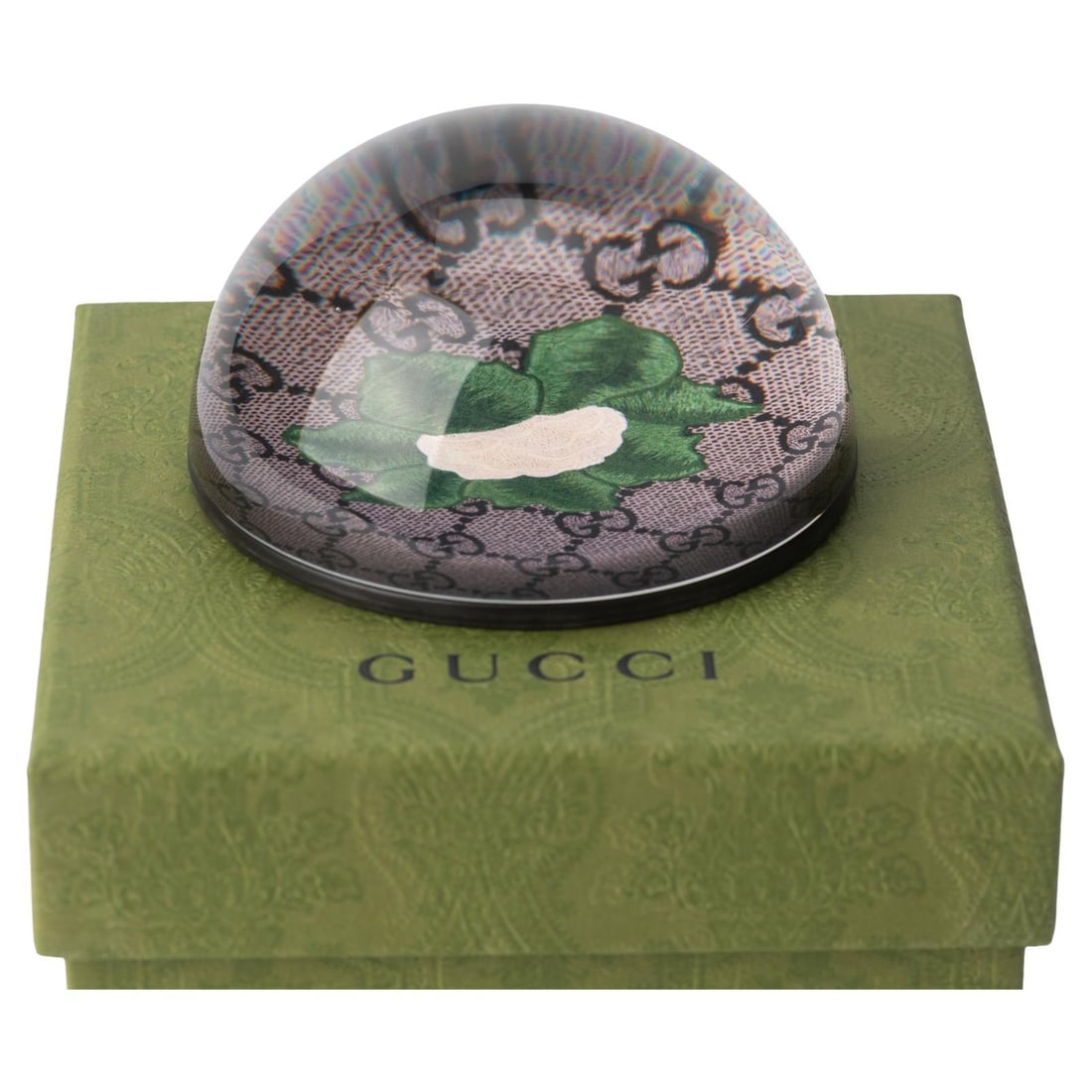 Gucci Glass Paperweight with Logo and Camellia Flower in Original Box: Gucci Glass Paperweight with Logo and Camellia Flower in Original Box This exquisite Gucci Glass Paperweight elegantly showcases the iconic Gucci logo pattern alongside a beautifully detailed camellia