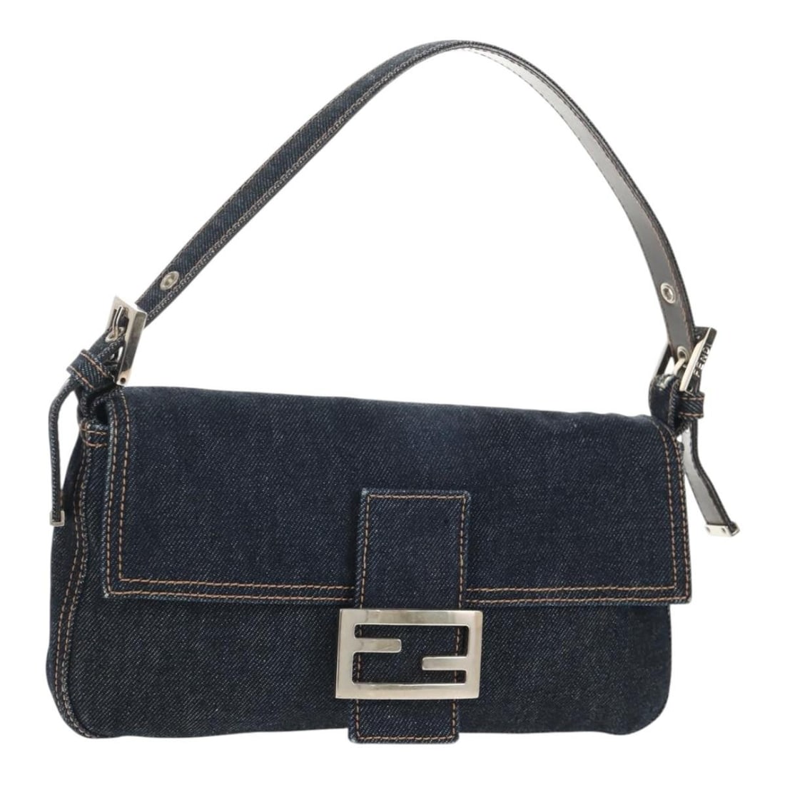 FENDI Mamma Baguette Denim Shoulder Bag Navy Silver Authentic (1 of 18)