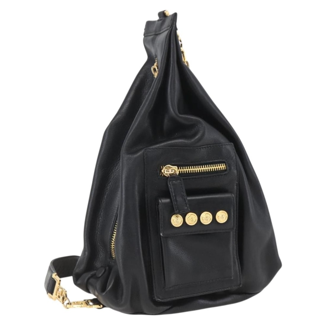 Gianni Versace Black Gold Leather Shoulder Bag with Dust Bag: Gianni Versace Black Gold Leather Shoulder Bag with Dust Bag This authentic Gianni Versace shoulder bag is a stunning blend of elegance and practicality. Crafted in Italy from high-quality leather, it