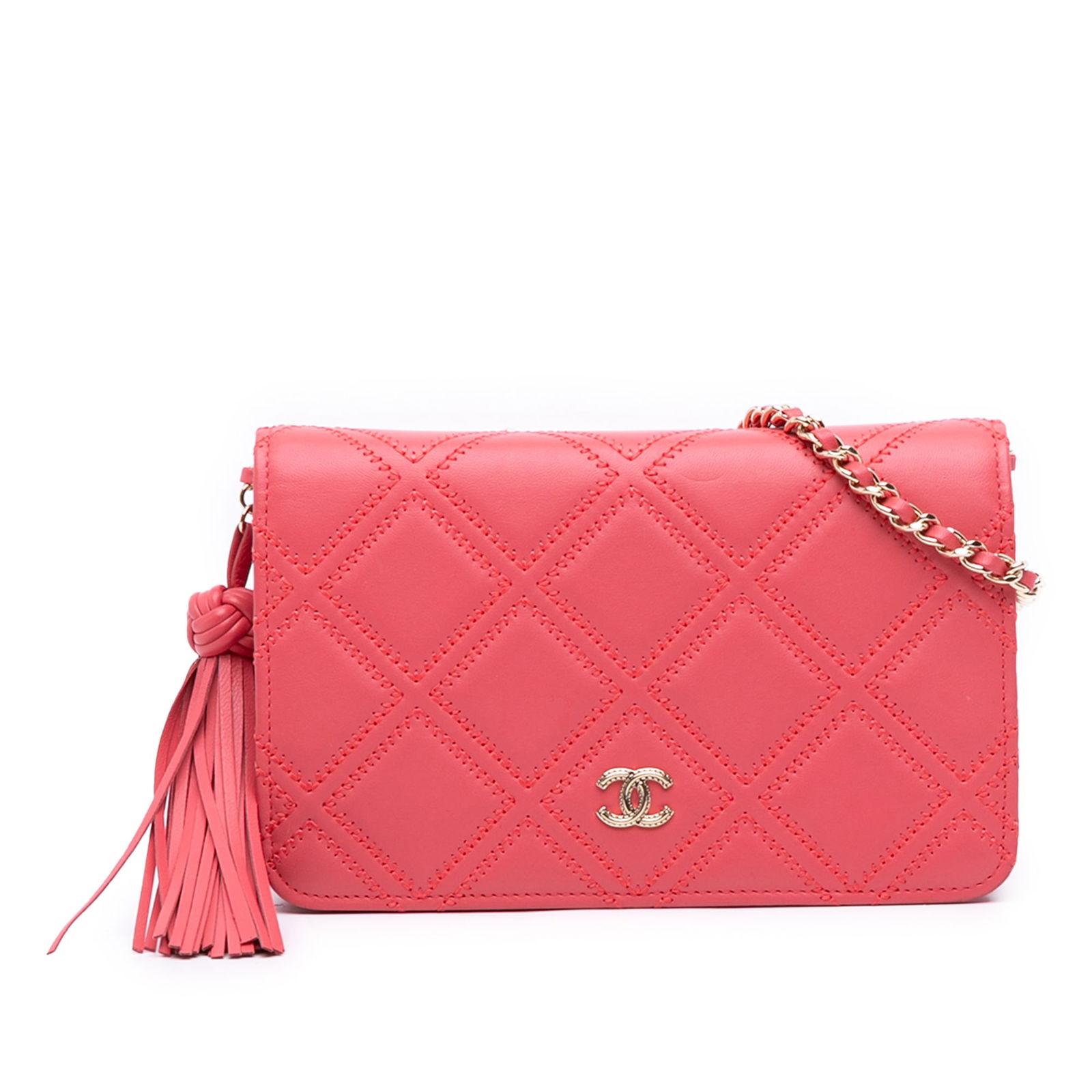 Chanel Pink Quilted Lambskin Double Stitch Wallet On Chain (1 of 12)