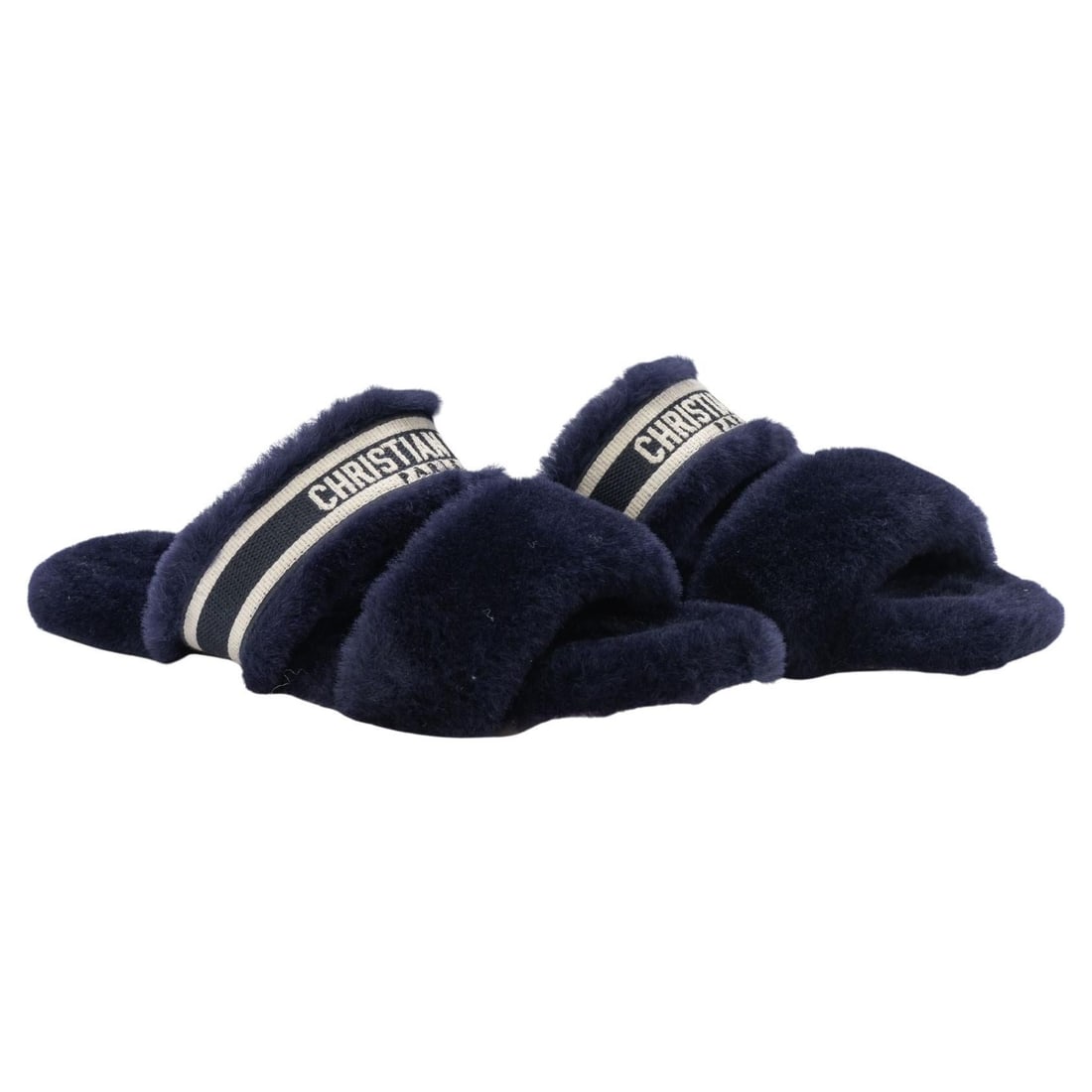 Christian Dior Navy Shearling Slides NIB Size 6.5 US: Christian Dior Navy Shearling Slides NIB Size 6.5 US Elevate your footwear collection with these exquisite Christian Dior Shearling Slides in a rich navy hue. Crafted in Italy, these designer sandals