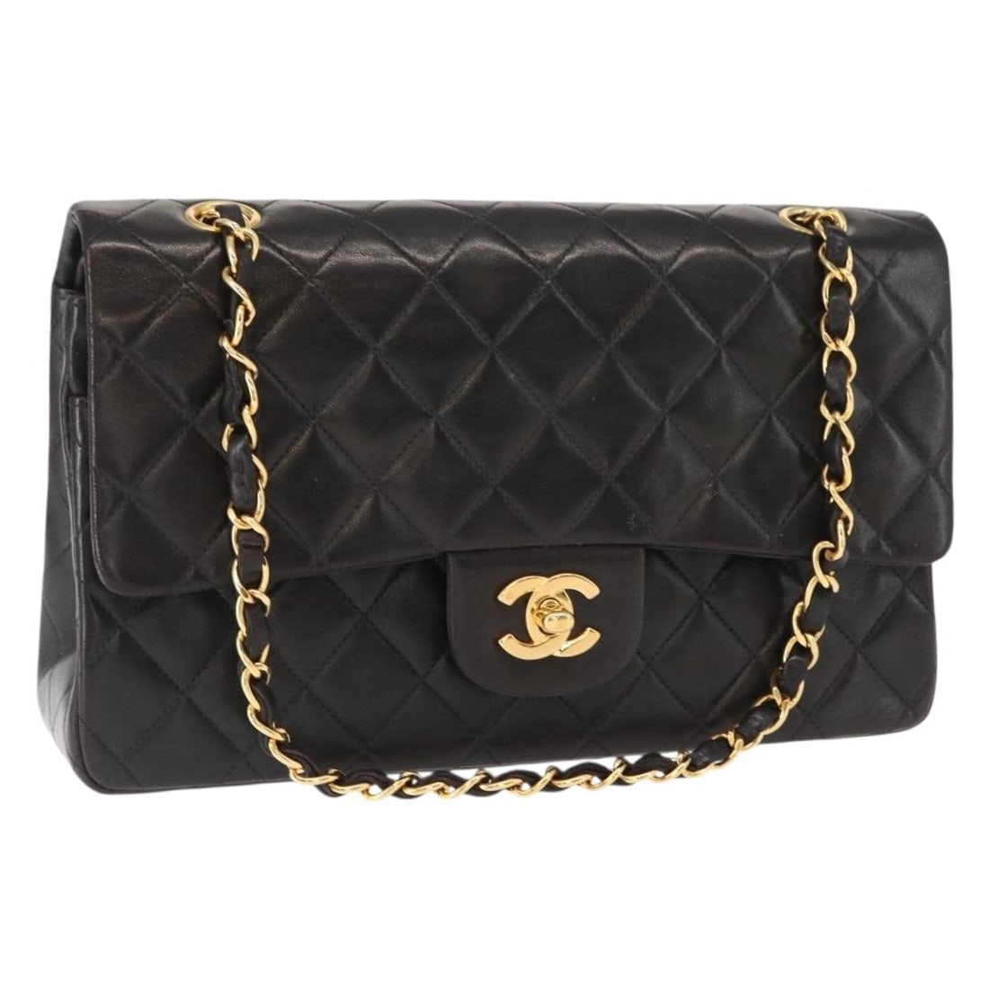 CHANEL Matelasse 25 Double Flap Shoulder Bag Lamb Skin Black Gold Auth (1 of 18)