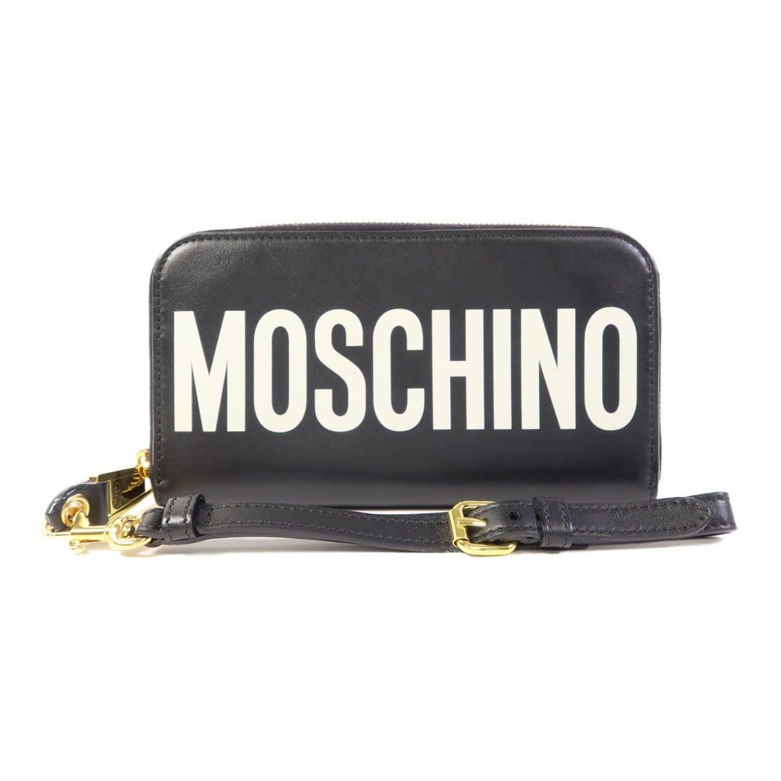 MOSCHINO Black Calfskin Leather Tri-fold Long Wallet GHW: MOSCHINO Black Calfskin Leather Tri-fold Long Wallet GHW This Moschino Zip Long Wallet is a stylish and practical accessory crafted from high-quality calfskin leather. Designed in a classic black colo