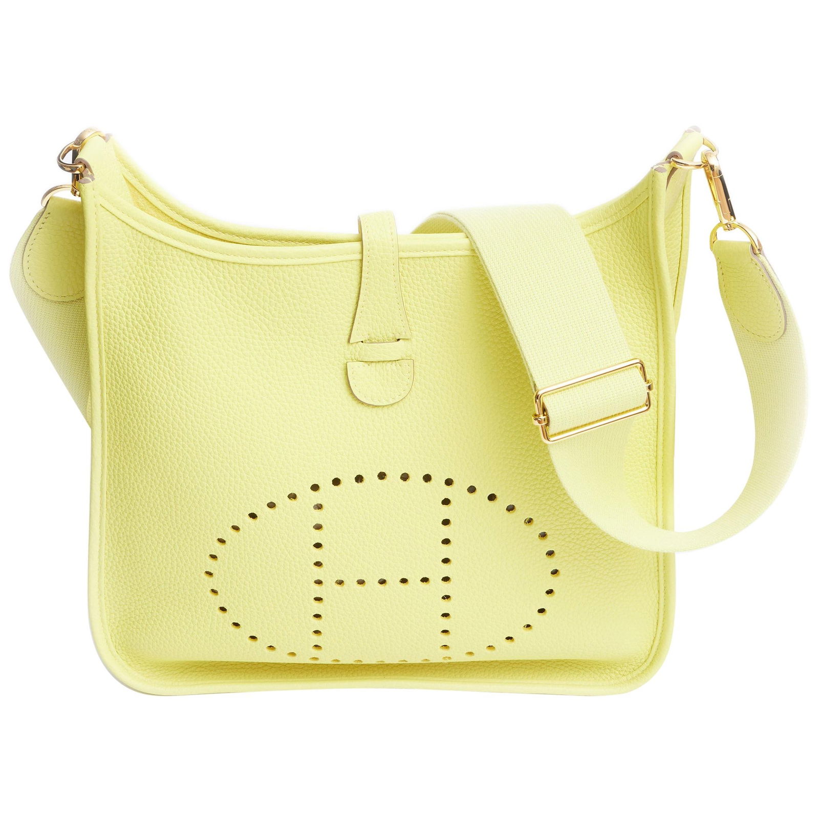 Hermes Lime Yellow Evelyne PM Crossbody Bag Clemence Leather 2020: Hermes Lime Yellow Evelyne PM Crossbody Bag Clemence Leather 2020 Introducing the Hermes Lime Yellow Evelyne PM Crossbody Bag, a luxurious piece crafted from premium Clemence leather. This stunning me