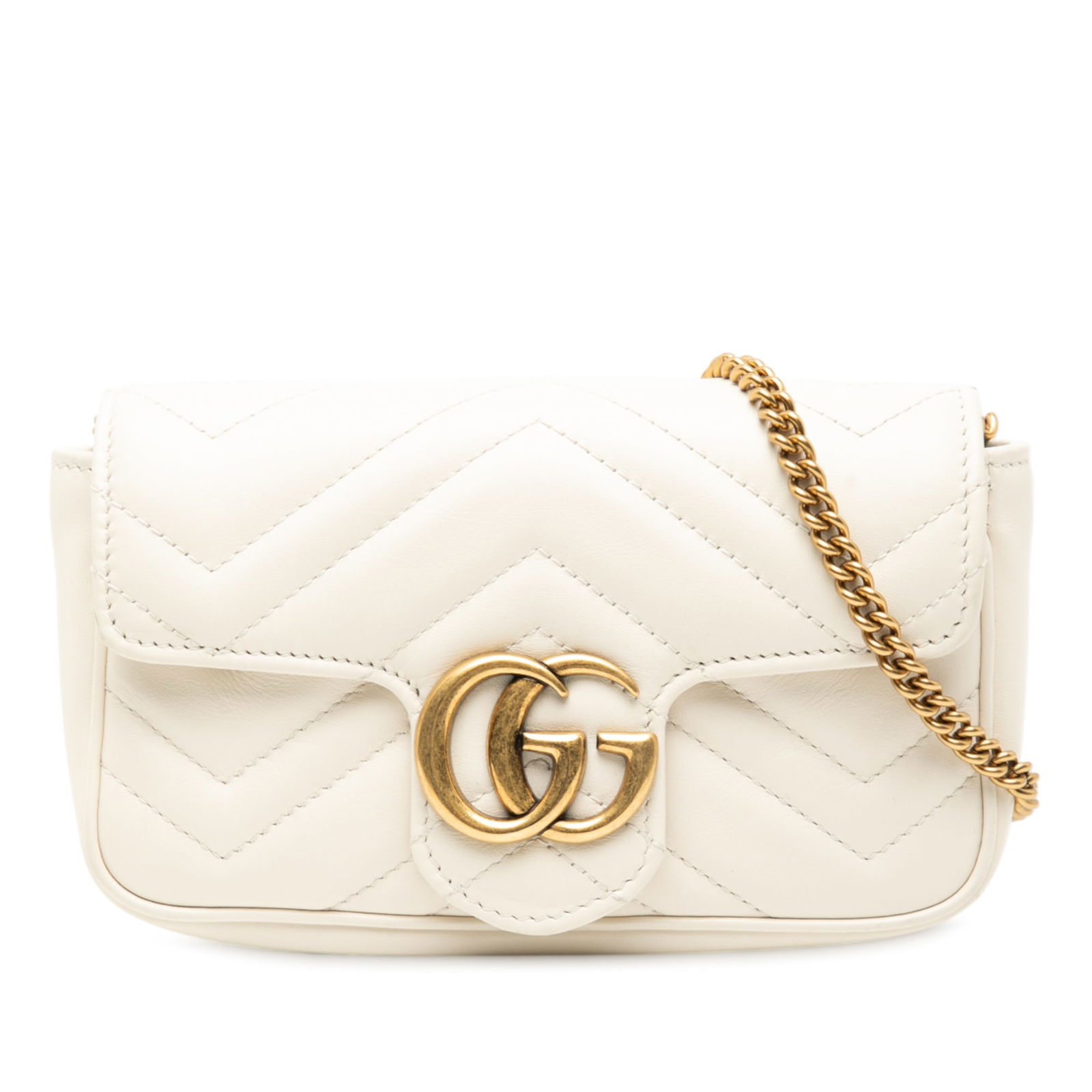 Gucci Mini GG Marmont White Quilted Leather Flap Crossbody Bag: Gucci Mini GG Marmont White Quilted Leather Flap Crossbody Bag This Gucci Mini GG Marmont Matelasse Leather Flap Crossbody features a quilted white leather exterior with a flap and snap button closure