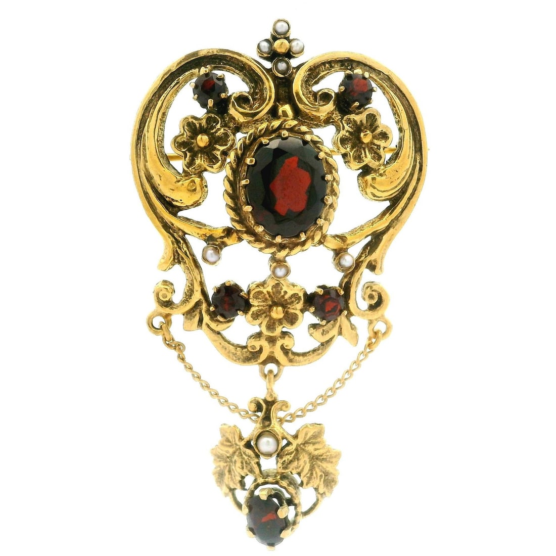 Vintage Victorian Revival 14k Gold Garnet Seed Pearl Brooch Pendant (1 of 8)