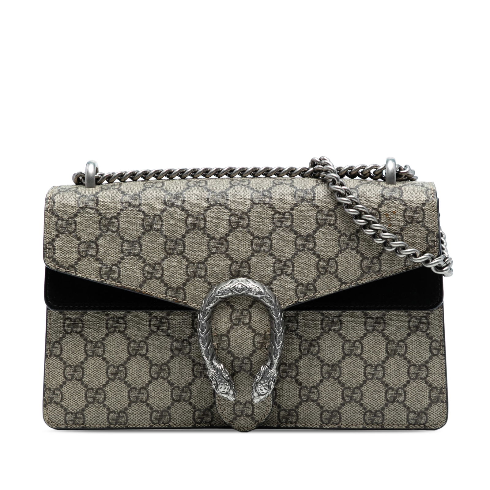 Gucci Dionysus Small GG Supreme Canvas Shoulder Bag with Suede Trim: Gucci Dionysus Small GG Supreme Canvas Shoulder Bag with Suede Trim This Gucci Small GG Supreme Dionysus Shoulder Bag features a coated canvas body with suede leather trim, a silver-tone curb chain sh