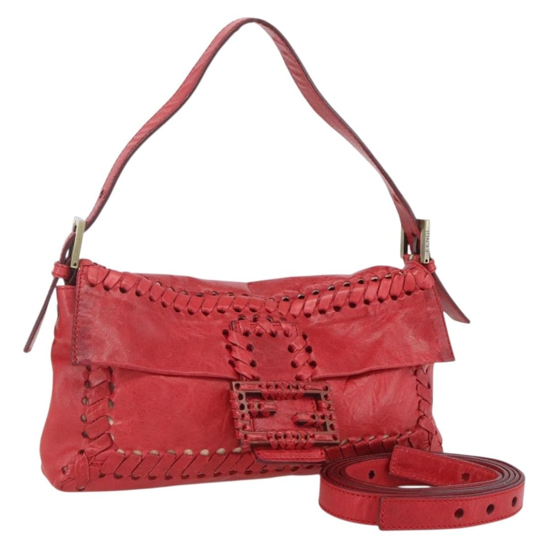 Red Leather Fendi Mamma Baguette 2way Shoulder Bag with Gold Accents (1 of 18)