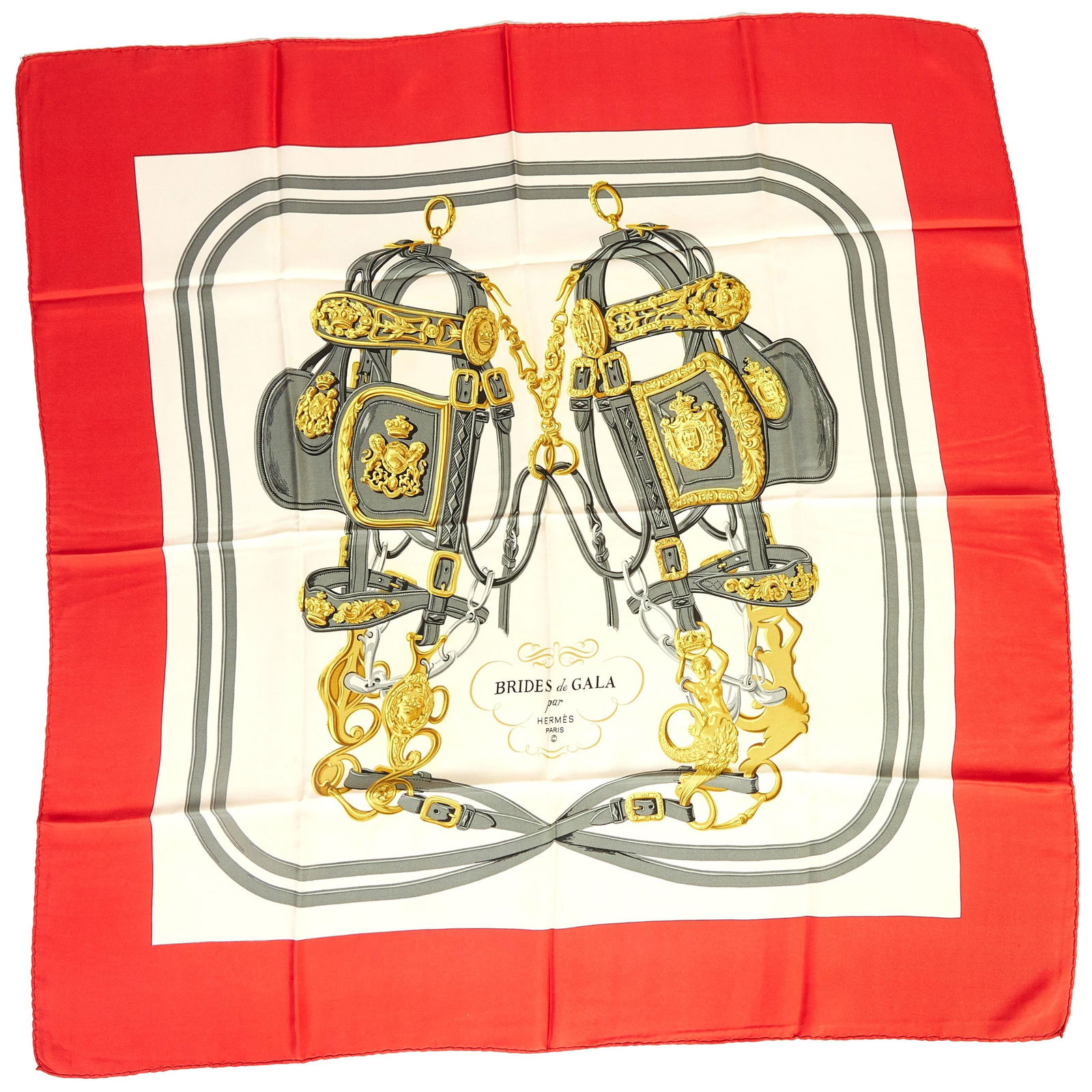 Hermes Red Brides de Gala Scarf 35in by Hugo Grygkar France: Hermes Red Brides de Gala Scarf 35in by Hugo Grygkar France Elevate your accessory collection with the exquisite Hermes Red Brides de Gala Scarf, a stunning piece designed by renowned artist Hugo Gryg