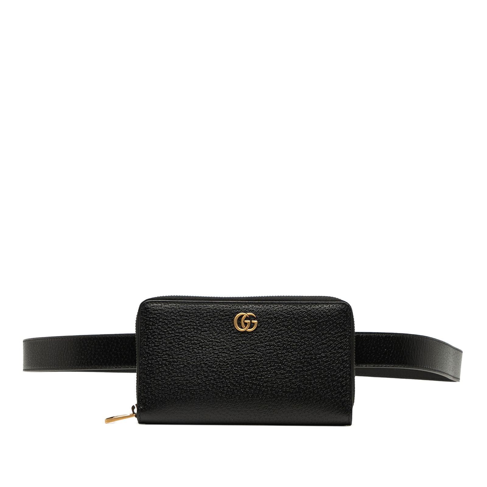 Black Leather GG Marmont Double Belt Bag by Gucci with Adjustable Strap: Black Leather GG Marmont Double Belt Bag by Gucci with Adjustable Strap The Gucci GG Marmont Leather Double Belt Bag is crafted from black leather and features an adjustable flat leather waist strap a