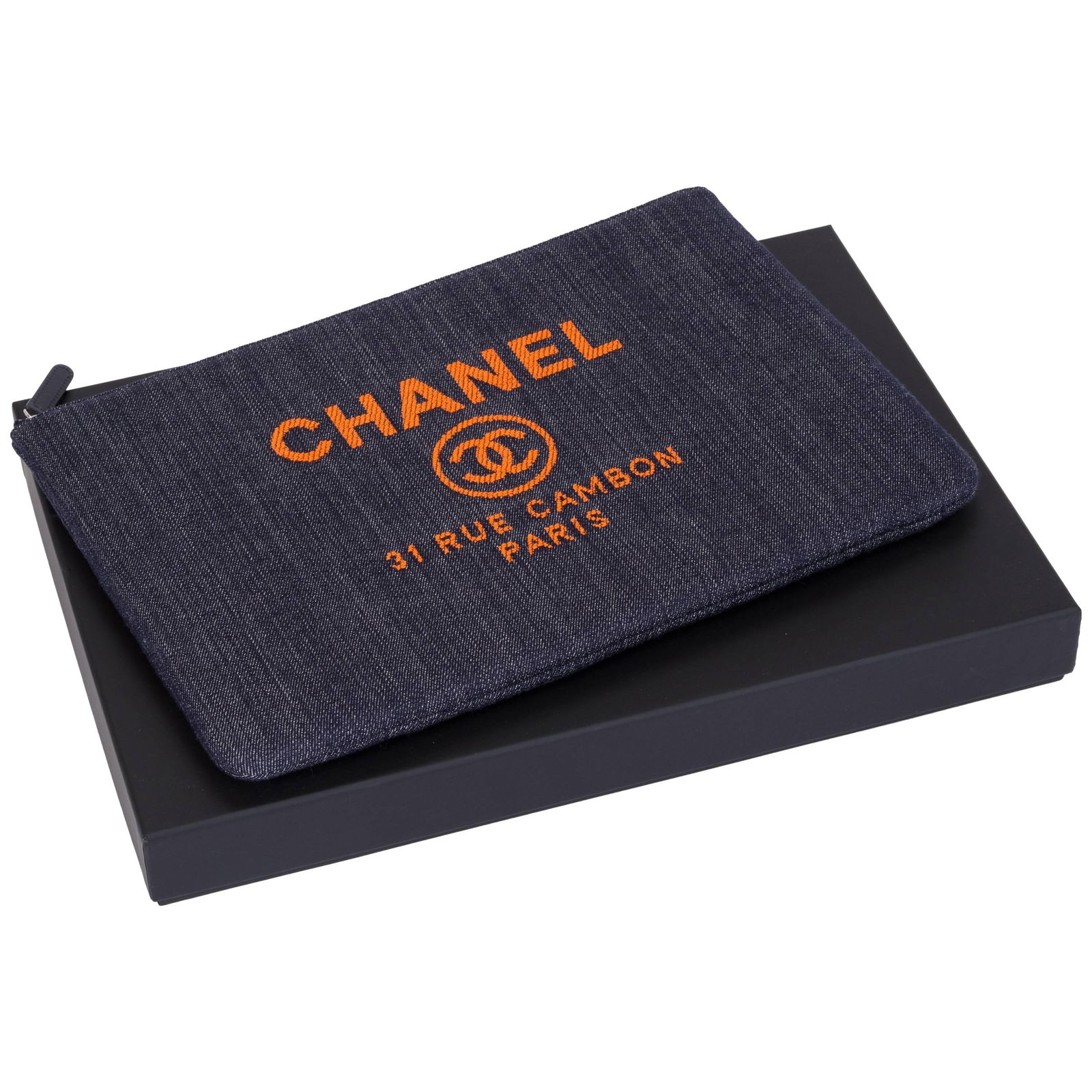 Chanel Large Denim Clutch Spring 2017 Orange Logo New with Box: Chanel Large Denim Clutch Spring 2017 Orange Logo New with Box Elevate your accessory game with this chic Chanel large denim clutch from the Spring 2017 collection. Featuring a vibrant orange signatur