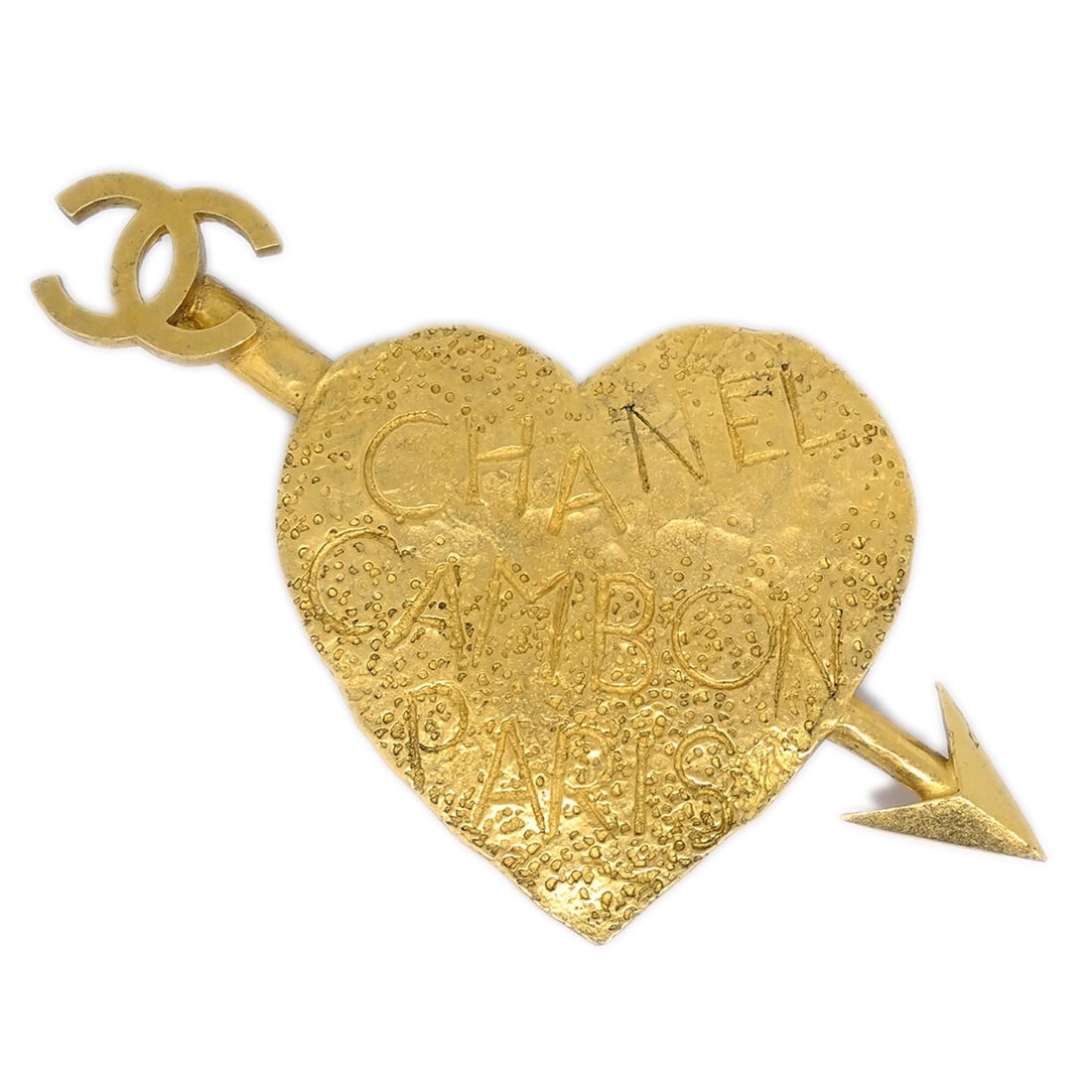 Chanel 93A Gold Plated Bow Arrow Heart Brooch Pin: Chanel 93A Gold Plated Bow Arrow Heart Brooch Pin This exquisite Chanel brooch features a charming bow and arrow heart design, crafted from high-quality gold-plated material. With a length of 4 inches