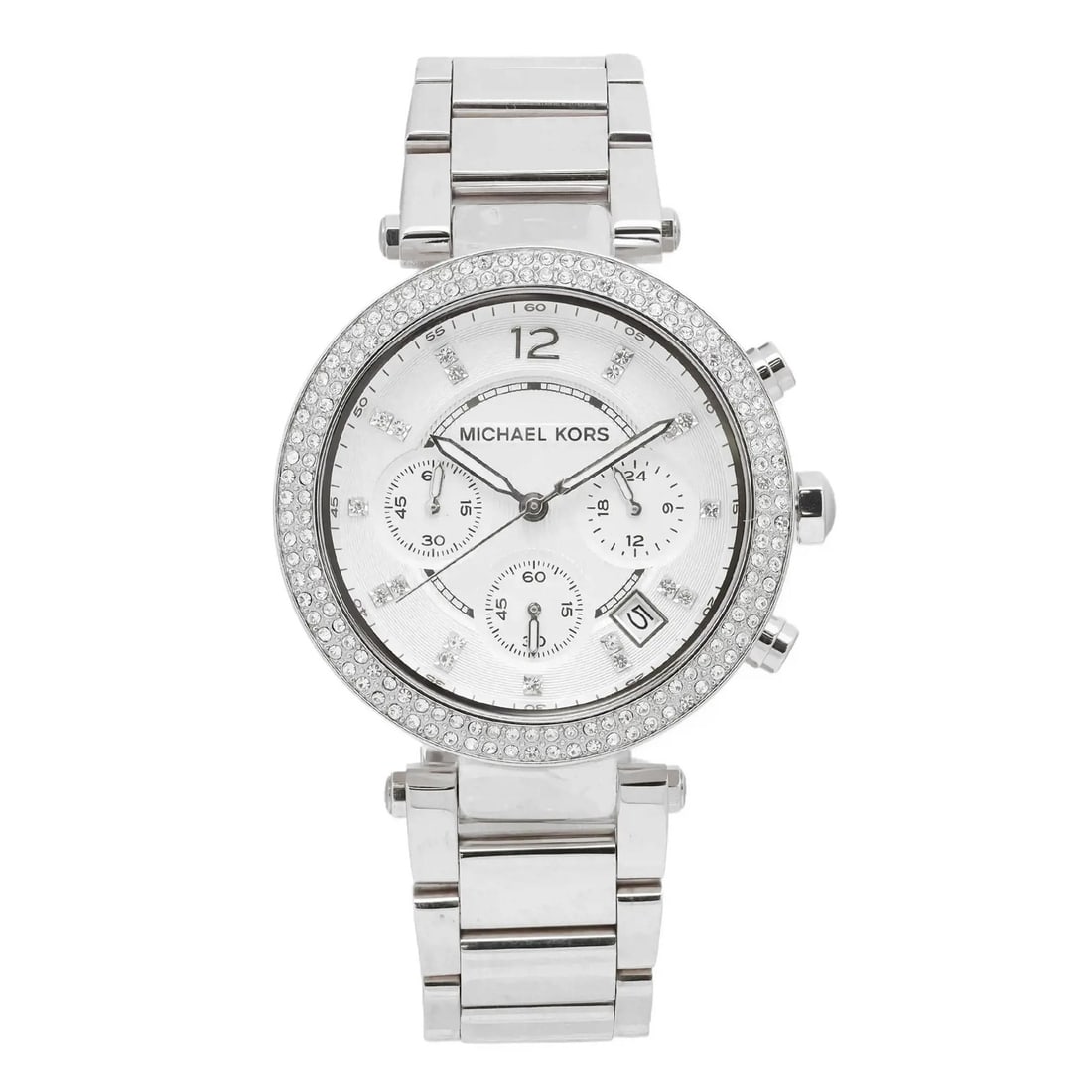 Ladies Quartz Parker MK5353 Watch with Silver Crystal Dial by Michael Kors: Ladies Quartz Parker MK5353 Watch with Silver Crystal Dial by Michael Kors This Michael Kors Parker ladies wristwatch features a 39 mm round stainless steel case and bracelet with a polished finish. T