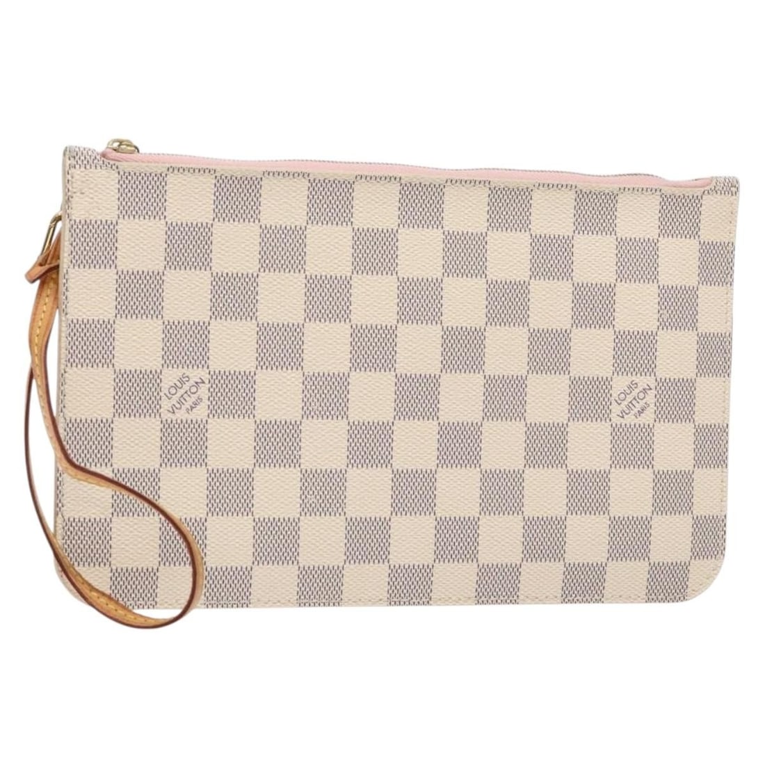 Damier Azur Neverfull MM Pouch Beige Louis Vuitton Clutch: Damier Azur Neverfull MM Pouch Beige Louis Vuitton Clutch This pre-owned Louis Vuitton Damier Azur Neverfull MM pouch features a beige color and is designed for women. It shows slight signs of use, in