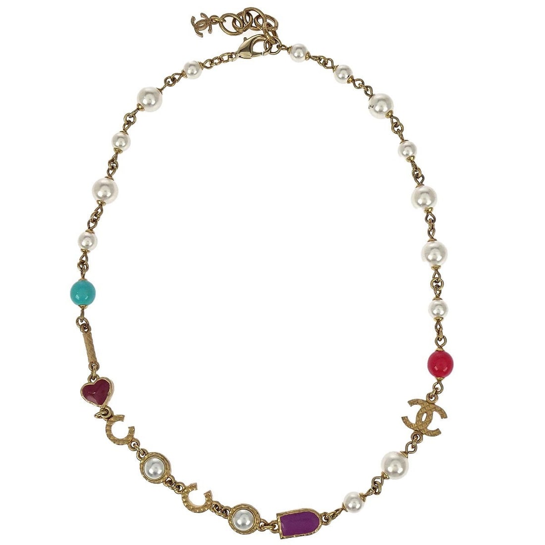 Coco CC Pendant Necklace with Gold Plated Chain and Faux Pearl by Chanel: Coco CC Pendant Necklace with Gold Plated Chain and Faux Pearl by Chanel This Chanel Coco CC pendant necklace features a gold-plated chain adorned with an artificial pearl. The necklace showcases the