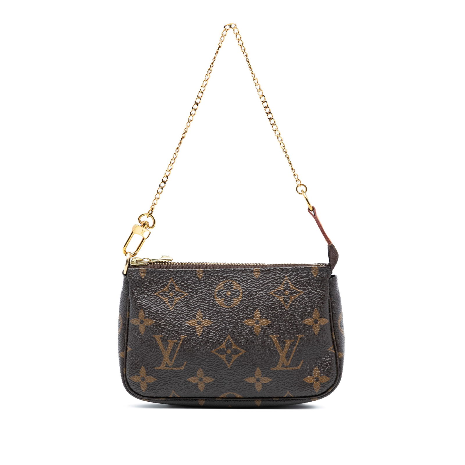 Louis Vuitton Brown Monogram Canvas Mini Pochette with Chain Strap: Louis Vuitton Brown Monogram Canvas Mini Pochette with Chain Strap The Louis Vuitton Monogram Mini Pochette Accessoires is crafted from monogram canvas and features a gold-tone chain link strap with a