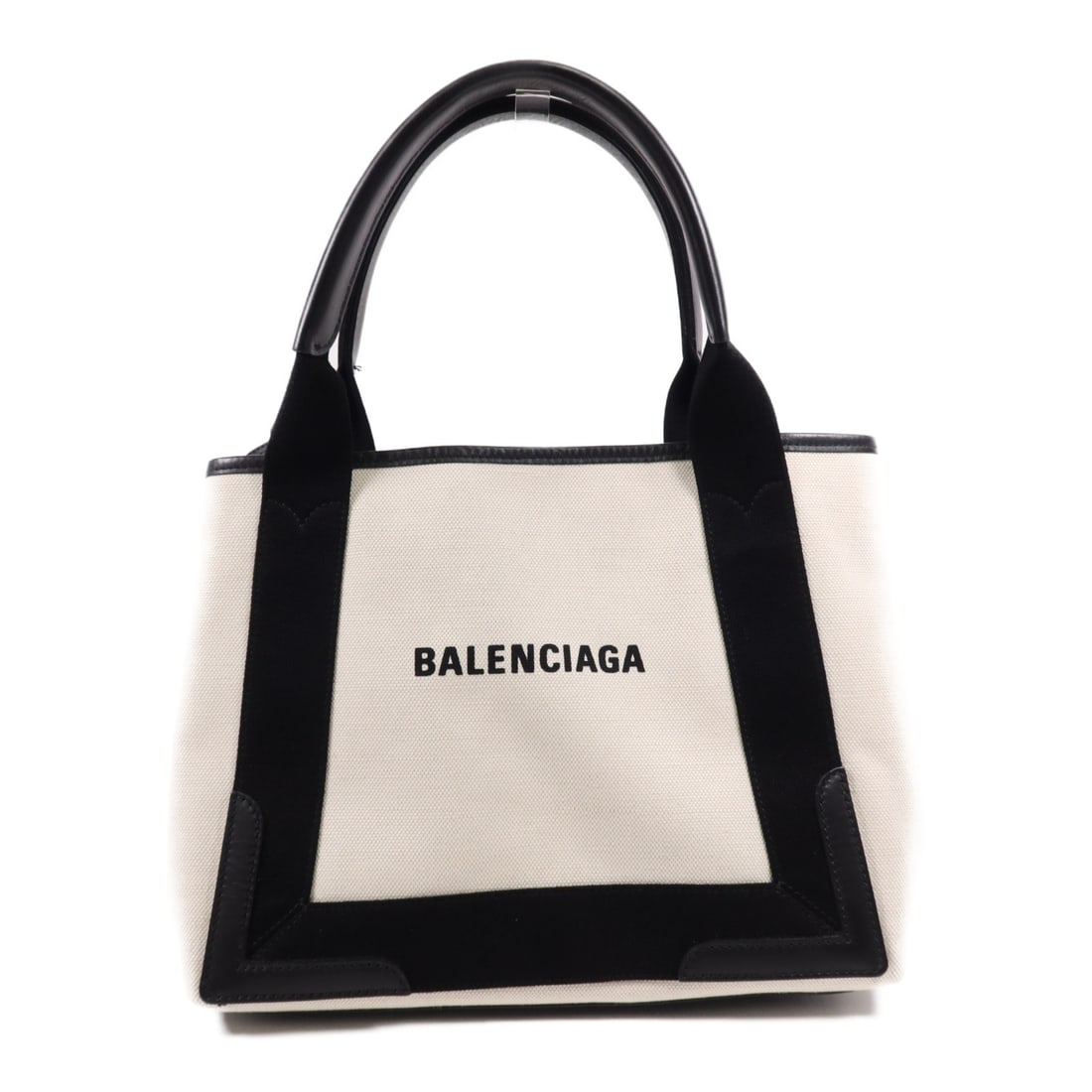BALENCIAGA Navy Cabas Small Handbag SHW Canvas Black White: BALENCIAGA Navy Cabas Small Handbag SHW Canvas Black White This Balenciaga Navy Cabas Small Hand Bag is a stylish and versatile accessory that can be worn as a shoulder bag or carried by hand. Made fr