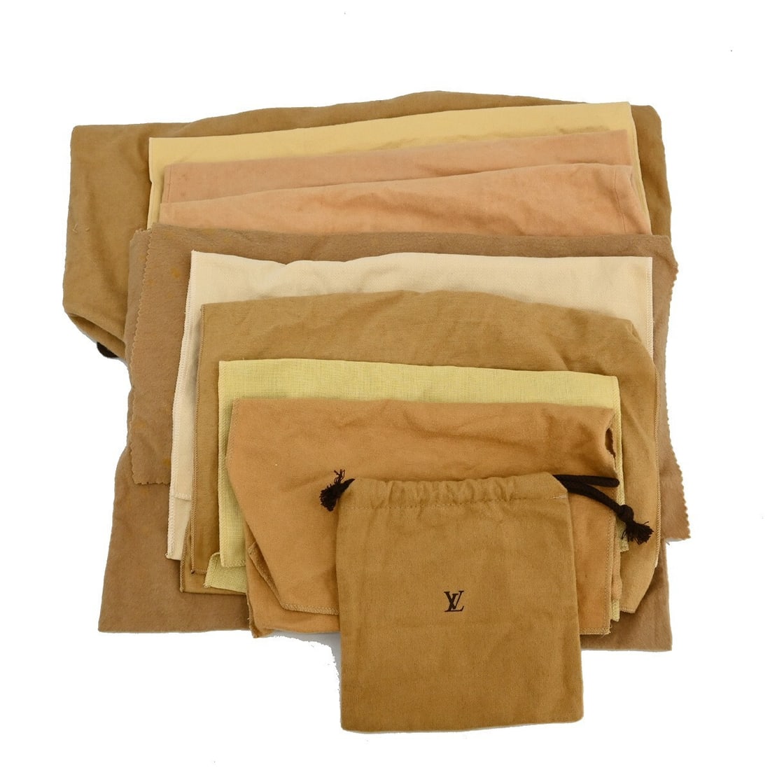 Authentic Louis Vuitton 10 Piece Cotton Dust Bag Set Brown: Authentic Louis Vuitton 10 Piece Cotton Dust Bag Set Brown This set of ten authentic Louis Vuitton dust bags is crafted from 100% cotton and features a classic brown color. The dust bags are designed