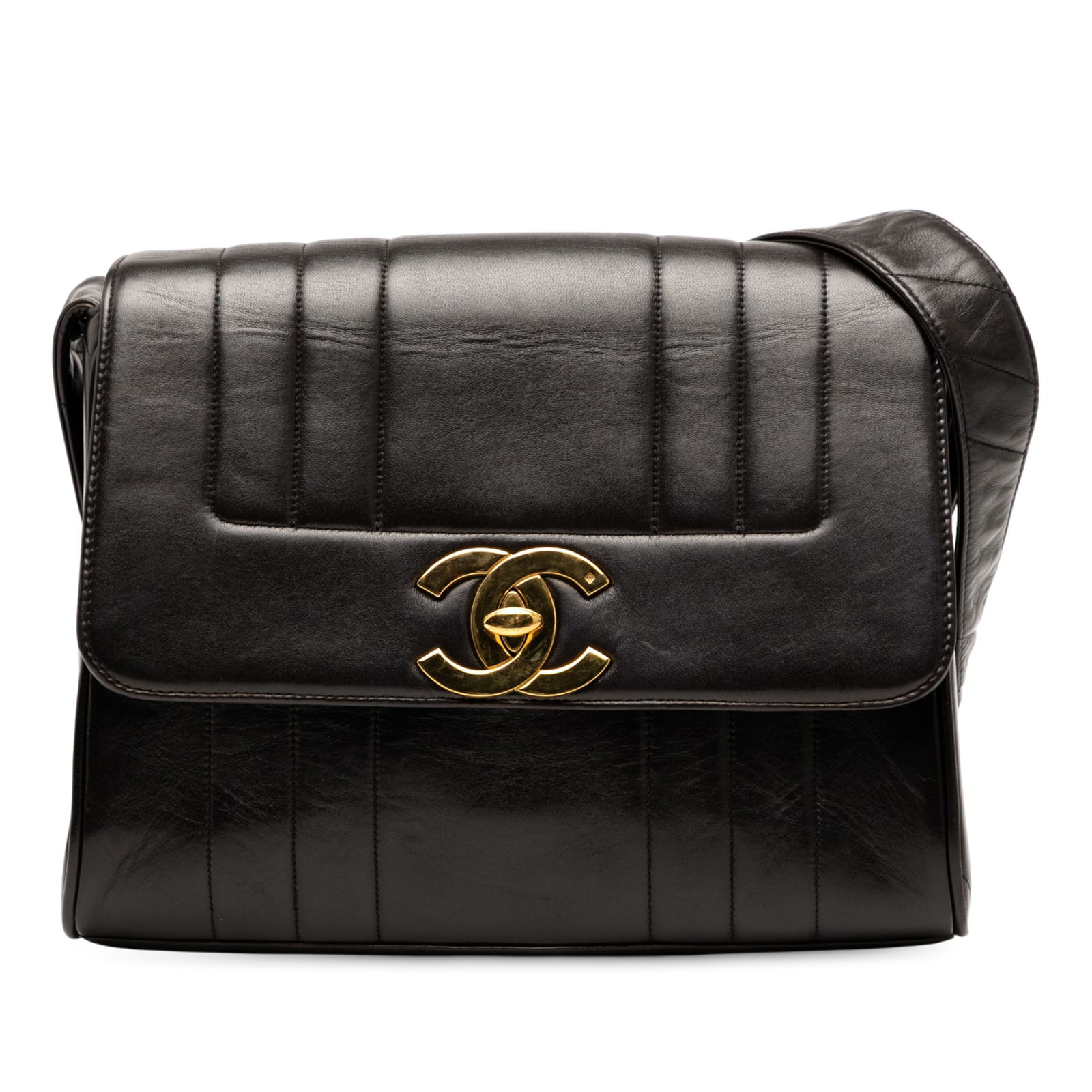 Chanel Vertical Quilt Black Lambskin Flap Bag with CC Lock: Chanel Vertical Quilt Black Lambskin Flap Bag with CC Lock The Chanel Vertical Quilt Lambskin Flap is a sophisticated handbag crafted from luxurious quilted lambskin in a timeless black color. It feat