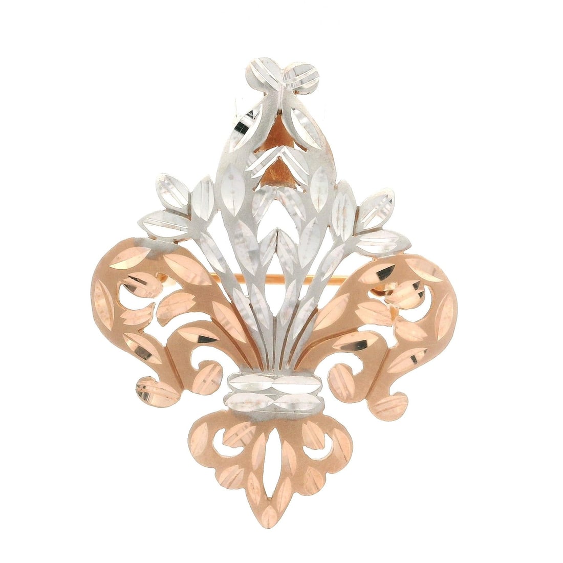 14k Rose & White Gold Fleur De Lis Brooch Pendant with Matte Finish (1 of 6)