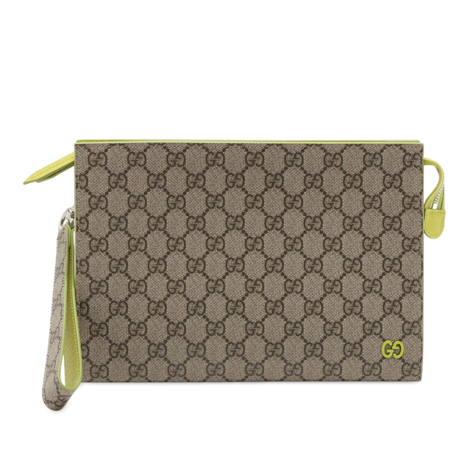 Gucci GG Supreme Small Two Tone Canvas Wristlet Pouch: Gucci GG Supreme Small Two Tone Canvas Wristlet Pouch This Gucci Small Bicolor GG Supreme Pouch features a coated canvas body with leather trim, a detachable flat wrist strap, a top zip closure, and i