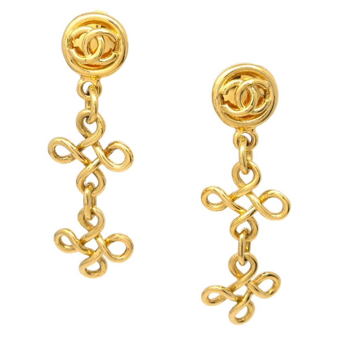 Chanel 93P Gold Clip-On Dangle Earrings (1 of 4)