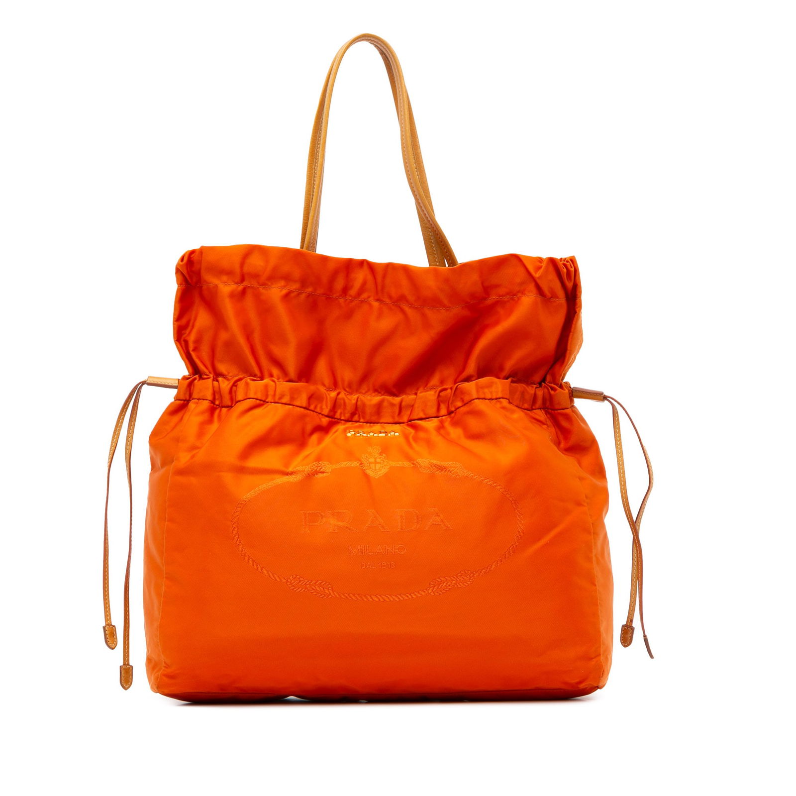 Prada Tessuto Logo Drawstring Tote Bag Orange Nylon: Prada Tessuto Logo Drawstring Tote Bag Orange Nylon Introducing the Prada Tessuto Logo Drawstring Tote, a stylish and functional accessory ideal for everyday use. This tote is crafted from durable nyl