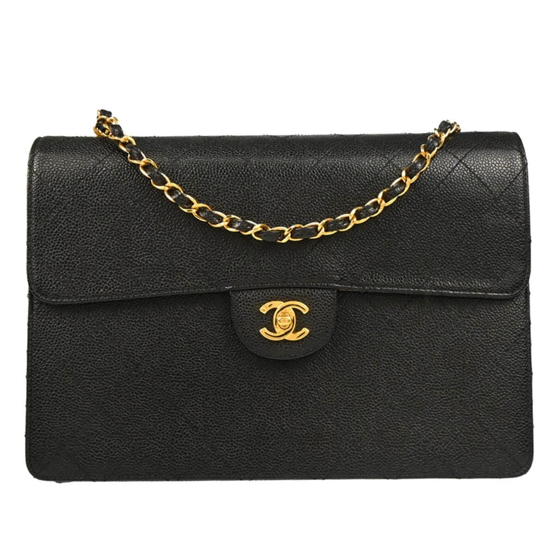 Chanel Black Caviar Jumbo Classic Flap Shoulder Bag: Chanel Black Caviar Jumbo Classic Flap Shoulder Bag Experience luxury and elegance with the Chanel Black Calfskin Jumbo Classic Flap Bag. This exquisite shoulder bag features a stunning quilted patter