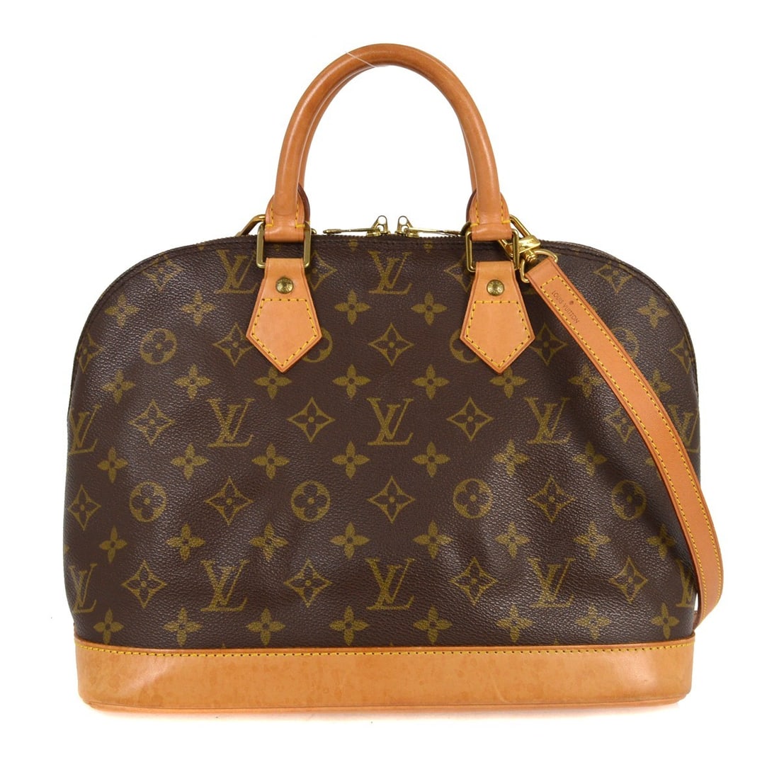 Alma brown handbag by Louis Vuitton: Alma brown handbag by Louis Vuitton This pre-owned Louis Vuitton Alma handbag features a classic brown design. The leather parts exhibit some discoloration and stains, while the interior is well-prese