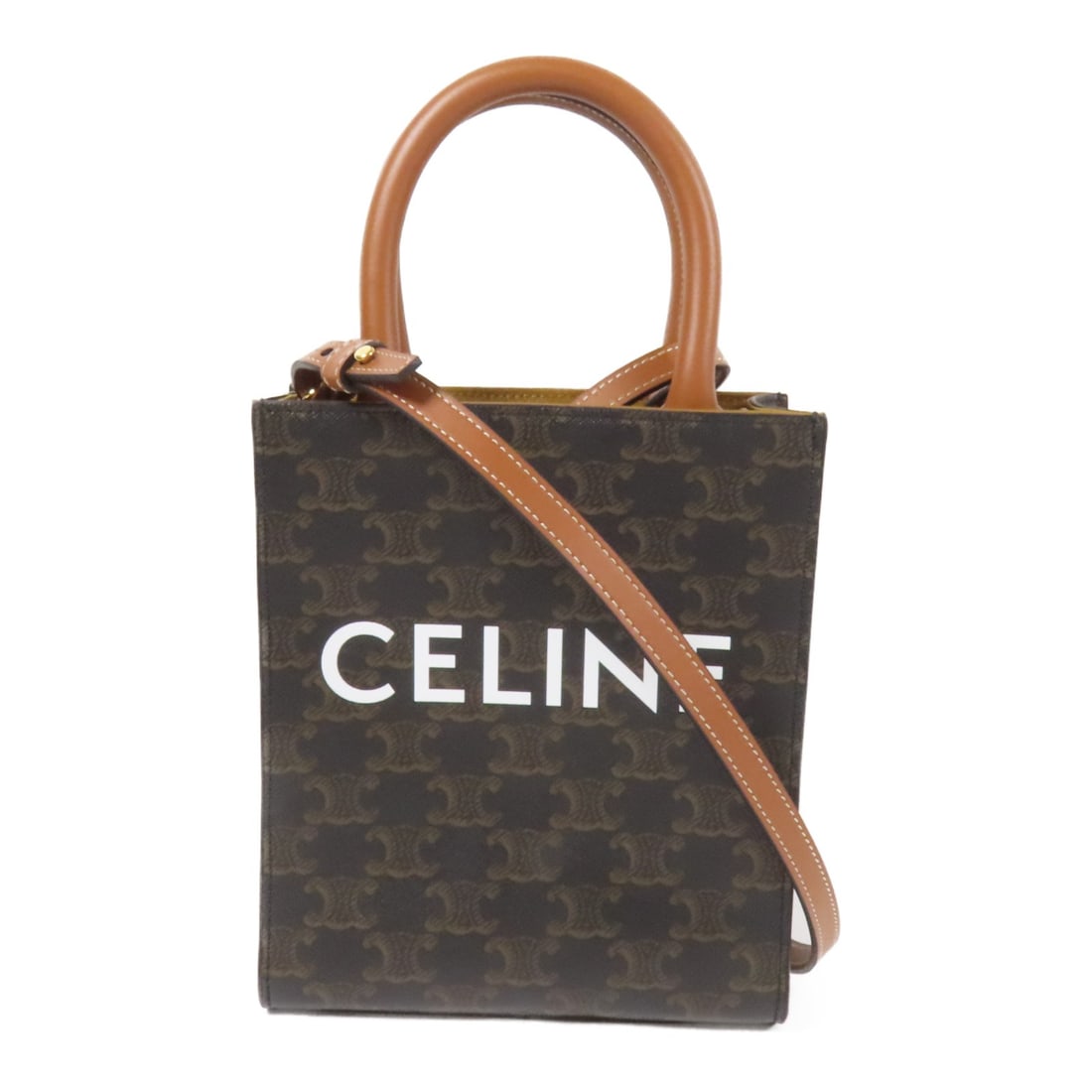 CELINE Mini Vertical Cabas Brown Coated Canvas 2way Shoulder Bag: CELINE Mini Vertical Cabas Brown Coated Canvas 2way Shoulder Bag Introducing the CELINE Mini Vertical Cabas 2-way Shoulder Bag, a sophisticated and versatile accessory crafted from durable PVC coated