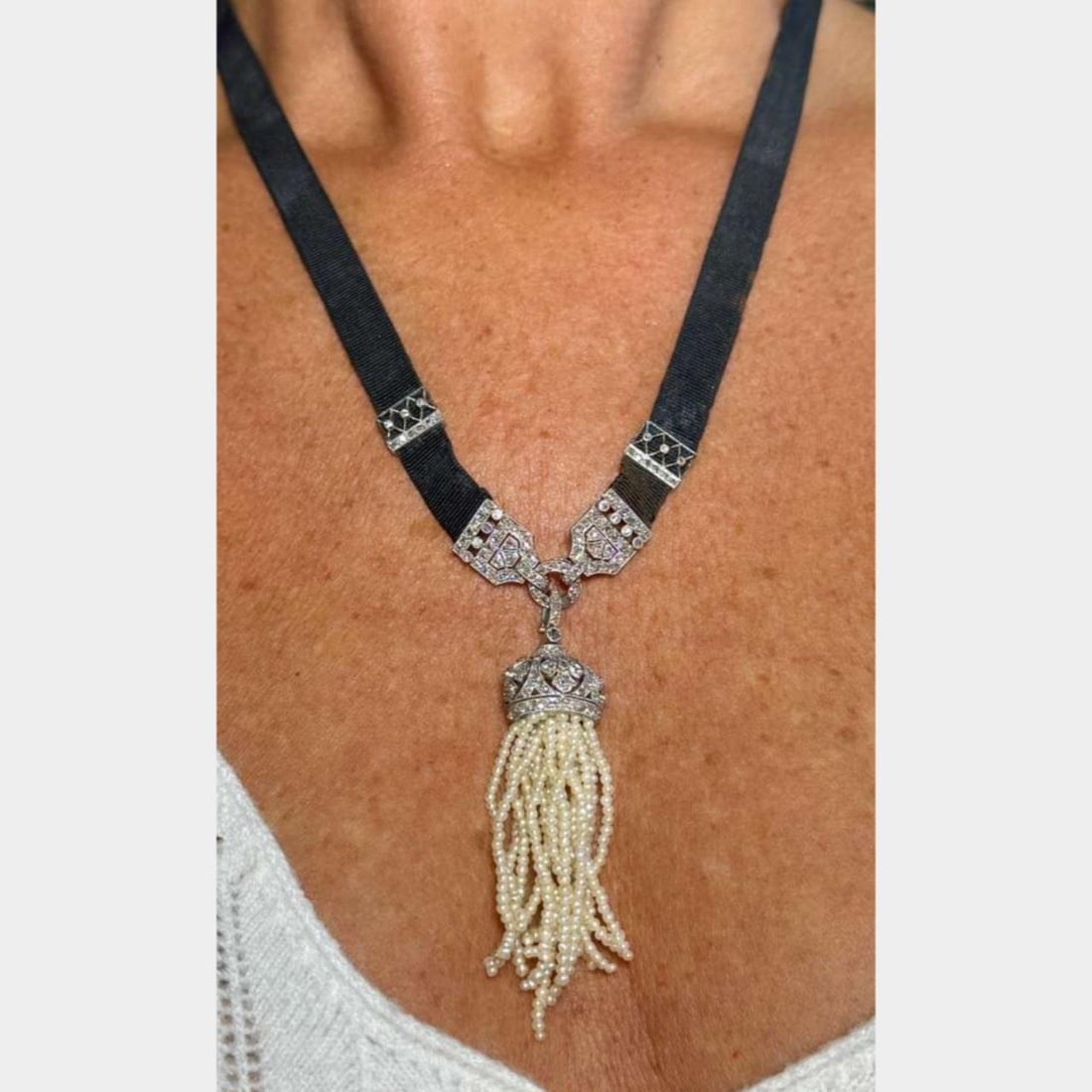 Platinum Victorian Necklace with Rose Cut Diamonds and Natural Pearls: Platinum Victorian Necklace with Rose Cut Diamonds and Natural Pearls This Victorian necklace is crafted from platinum and features approximately 3.00 carats of rose-cut diamonds complemented by natur