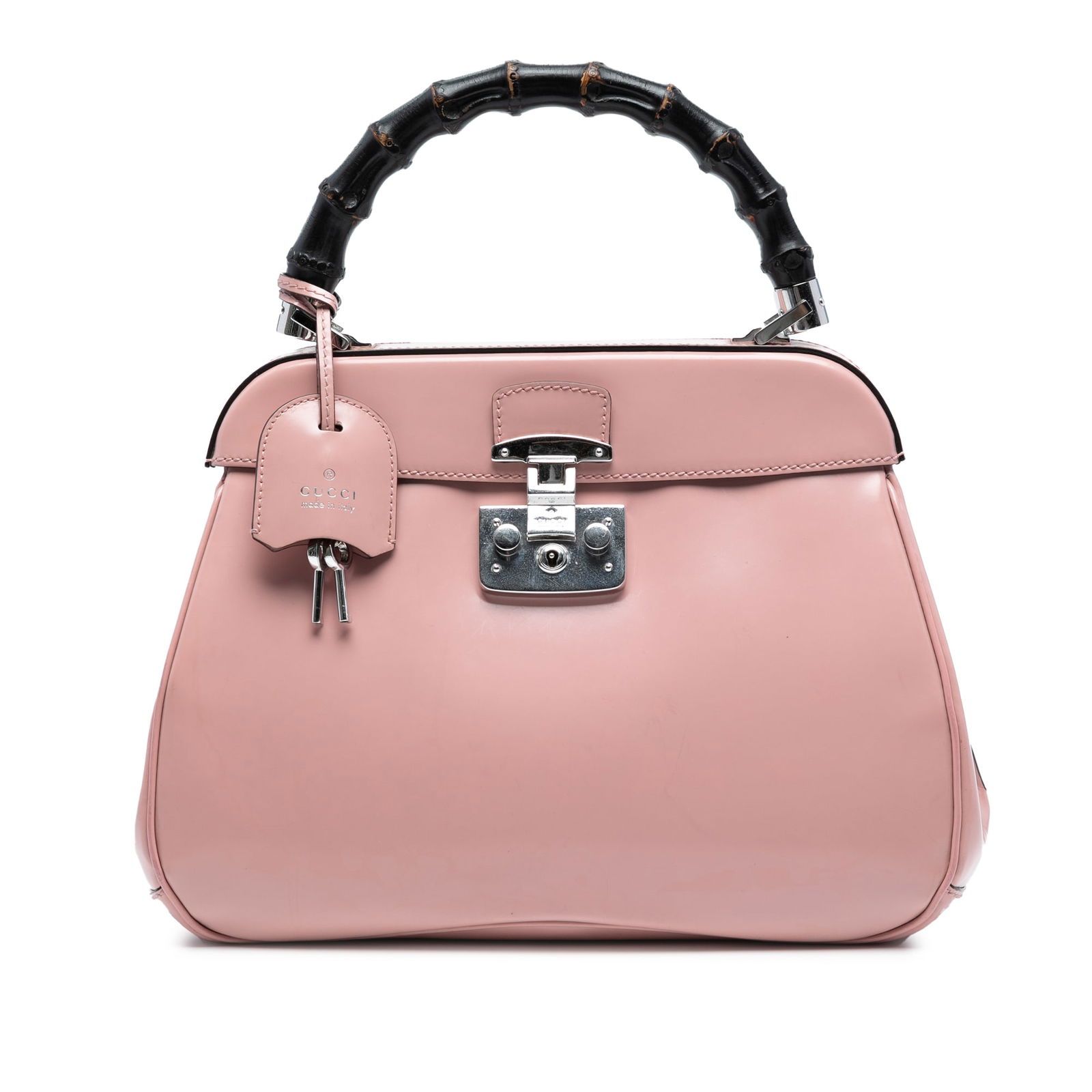 Gucci Medium Bamboo Lady Lock Handbag in Pink Leather: Gucci Medium Bamboo Lady Lock Handbag in Pink Leather This Gucci Medium Smooth Calfskin Bamboo Lady Lock Handbag is a stunning accessory crafted from high-quality leather. It features a chic bamboo to
