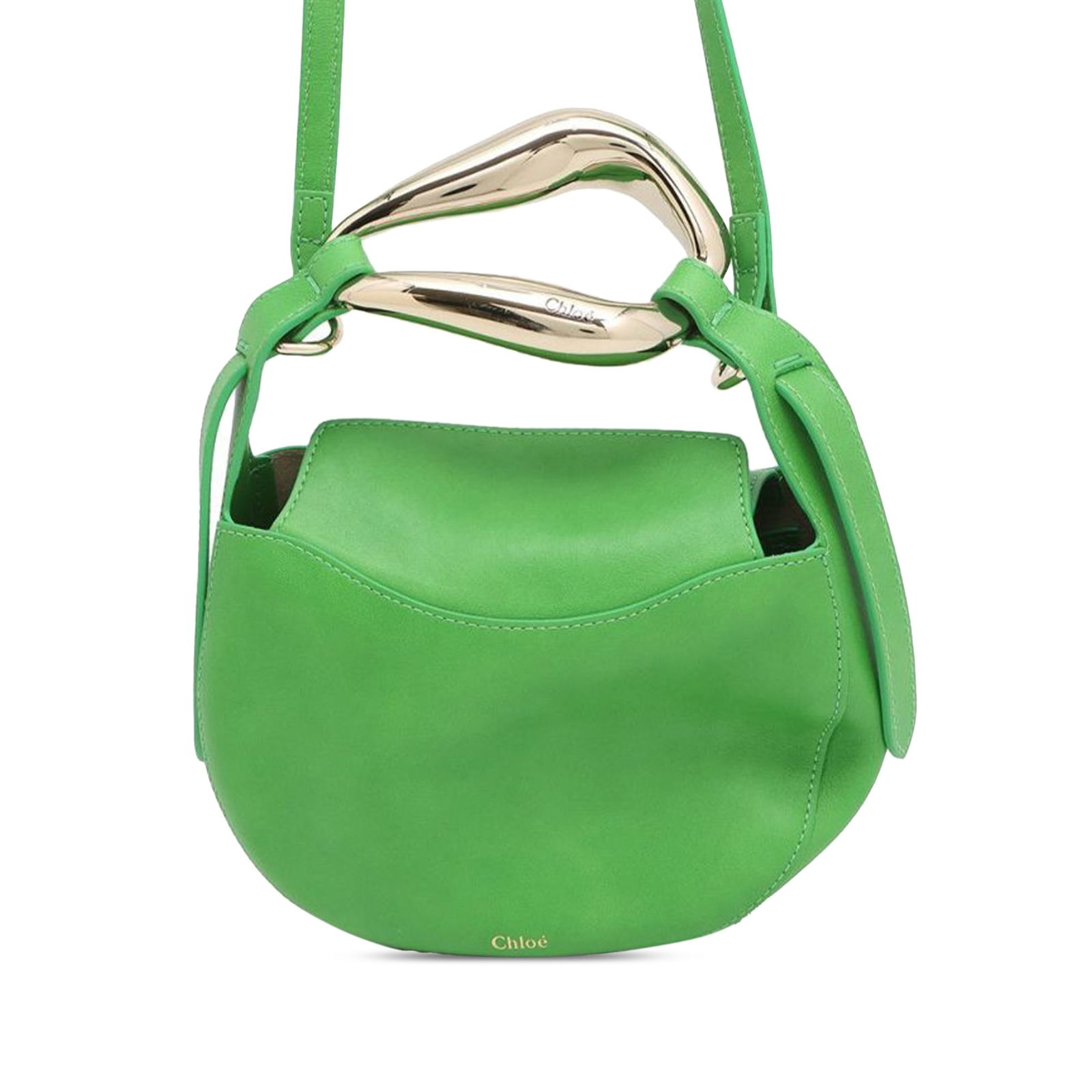 Chloe Small Green Leather Kiss Satchel Bag from Italy: Chloe Small Green Leather Kiss Satchel Bag from Italy Introducing the Chloe Small Leather Kiss Satchel, a stylish accessory featuring a luxurious green leather body. This satchel showcases a metal han