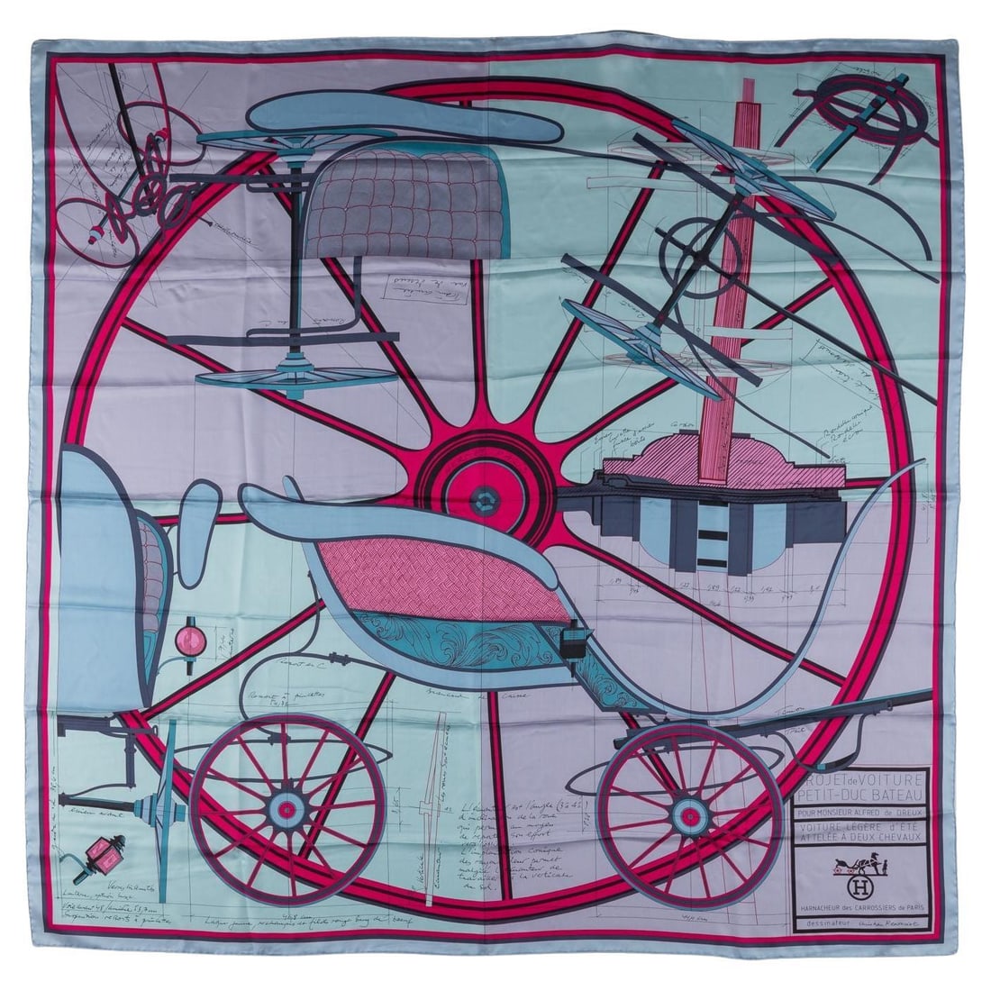Hermes Petit Duc Silk Scarf by Christian Renonciat 53 in France: Hermes Petit Duc Silk Scarf by Christian Renonciat 53 in France The Hermes Petit Duc Silk Scarf is a luxurious accessory featuring a captivating horse carriage design. Created by designer Christian Re