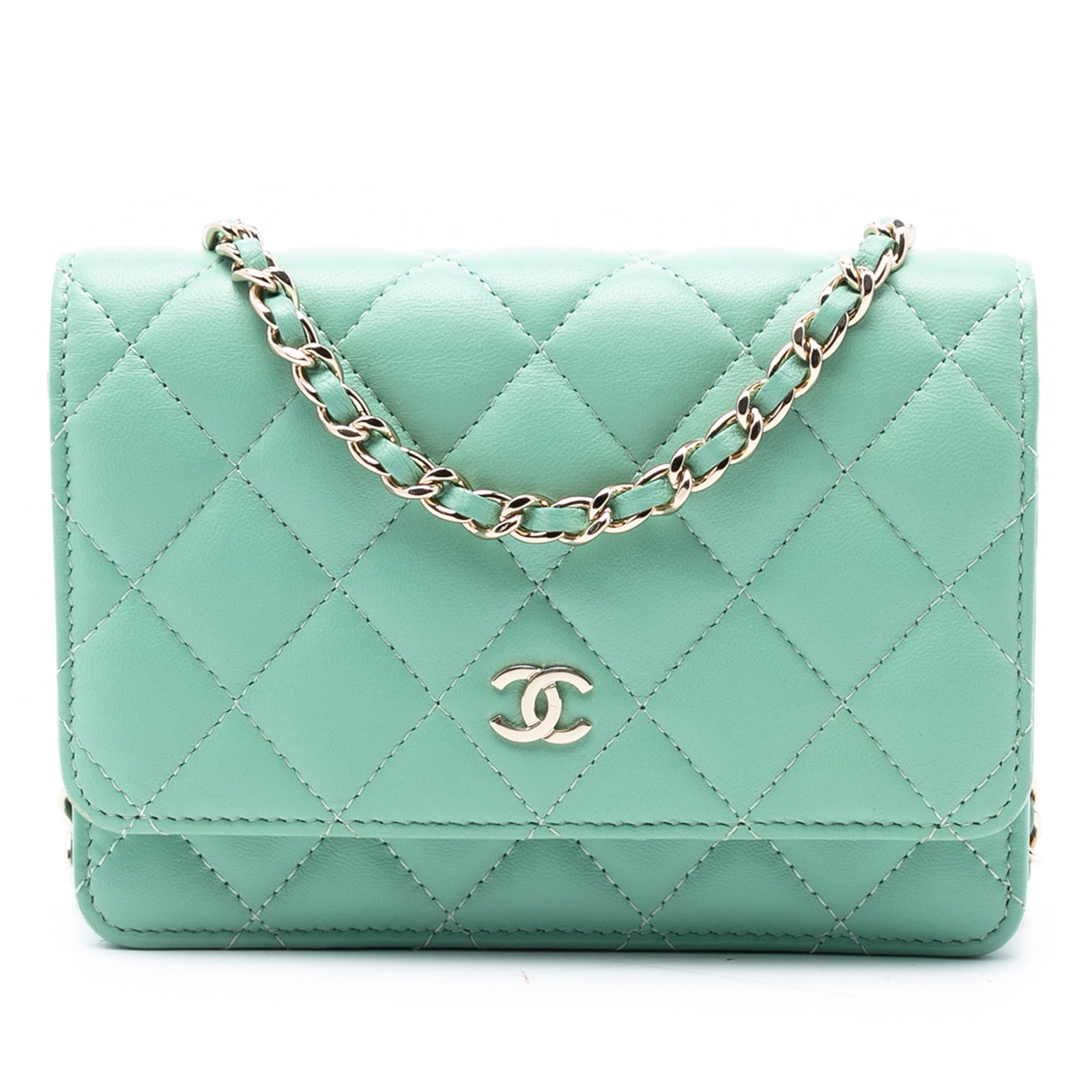 Green Lambskin Chanel Mini CC Chain Wallet with Quilted Design (1 of 7)