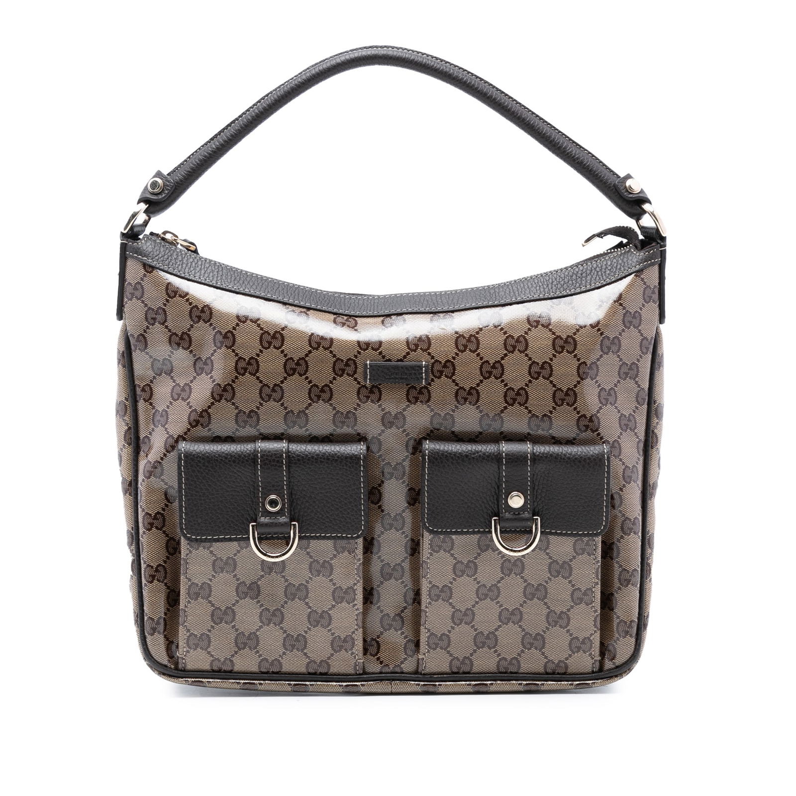 Brown GG Crystal Abbey D Ring coated canvas handbag by Gucci: Brown GG Crystal Abbey D Ring coated canvas handbag by Gucci The Gucci GG Crystal Abbey D Ring Handbag features a coated canvas body with leather trim, a rolled leather strap, a top zip closure, exter