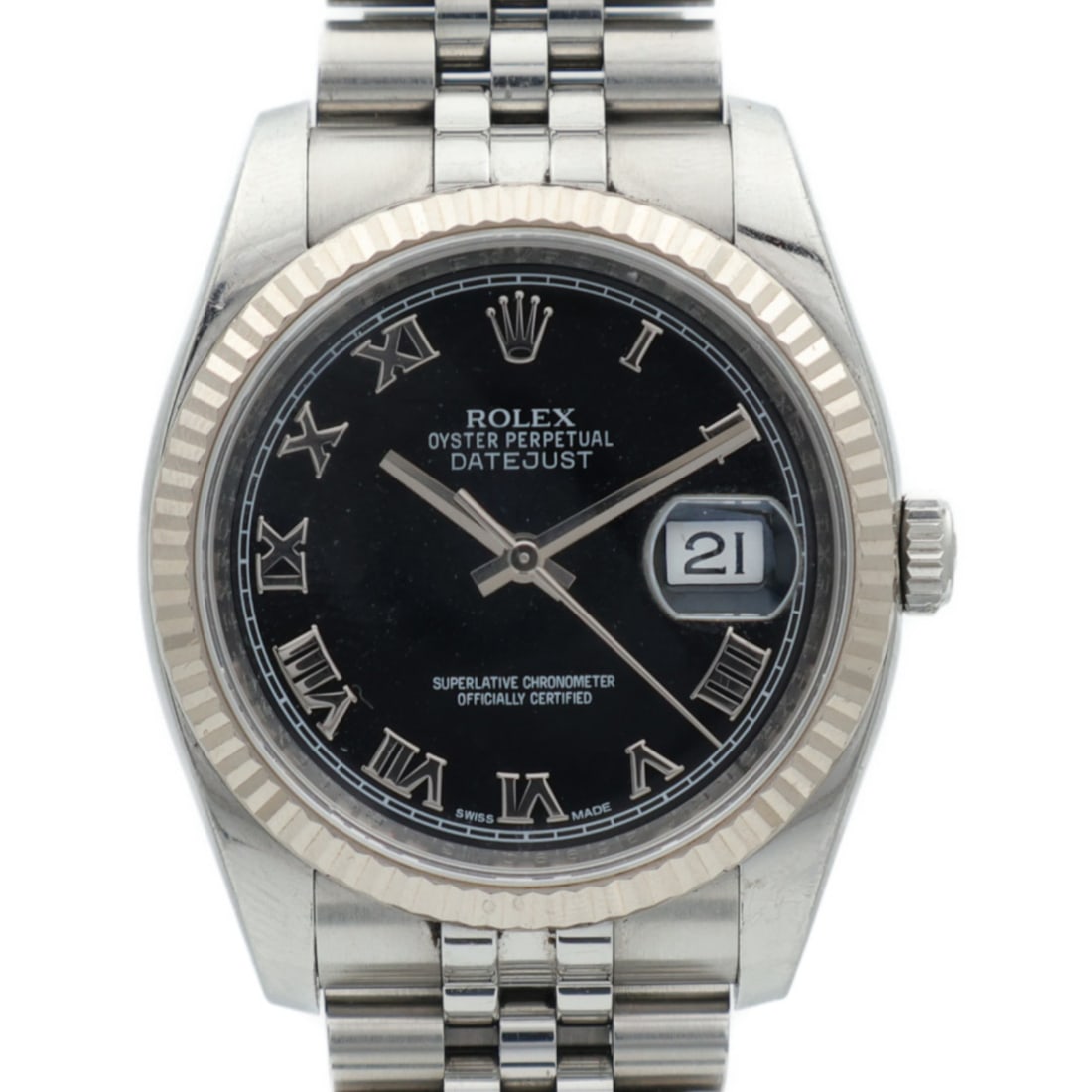 ROLEX Datejust 36mm Automatic K18 White Gold Black Dial Wristwatch: ROLEX Datejust 36mm Automatic K18 White Gold Black Dial Wristwatch The ROLEX Datejust is a timeless wristwatch known for its elegance and precision. Featuring a 36mm case crafted from K18 white gold a