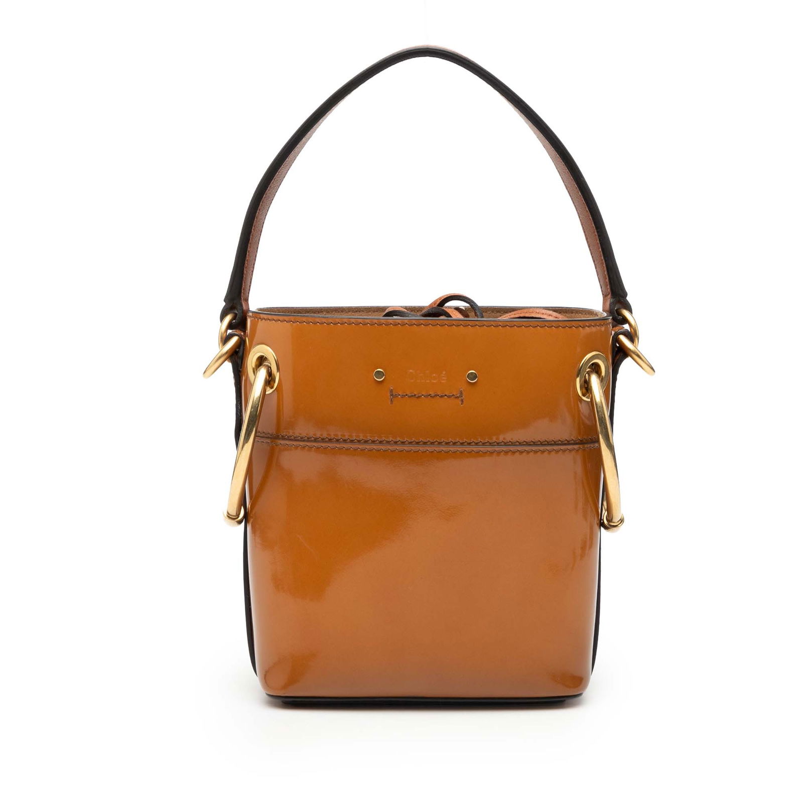 Chloe Roy Mini Patent Leather Bucket Bag with Dual Straps: Chloe Roy Mini Patent Leather Bucket Bag with Dual Straps This Chloe Mini Patent Roy Bucket Bag features a brown patent leather body with a flat leather strap and a detachable flat shoulder strap. The