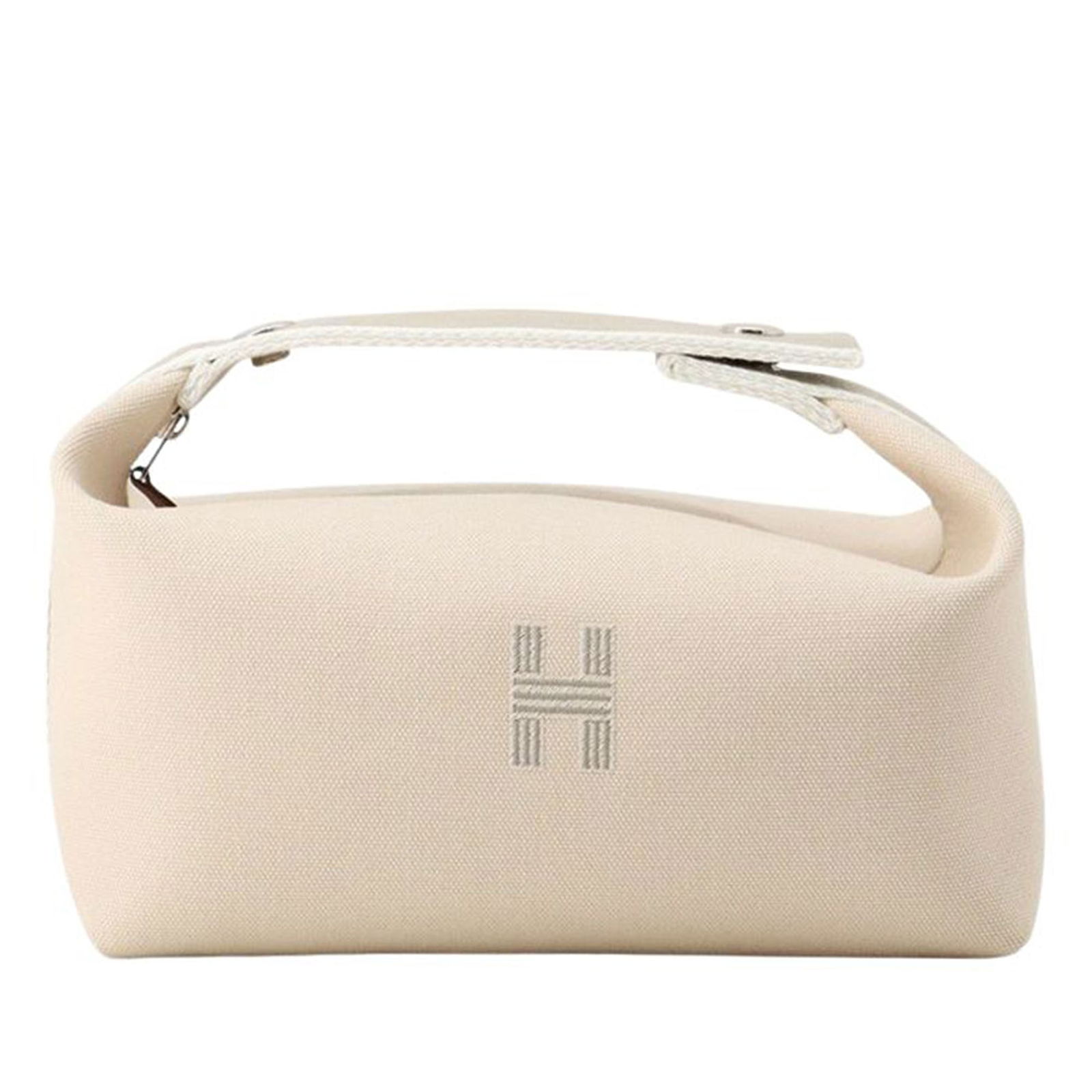 Hermes Bride-A-Brac Small Canvas Pouch with Top Handle and Zip Closure: Hermes Bride-A-Brac Small Canvas Pouch with Top Handle and Zip Closure This Hermes Small Toile Bride A Brac case features a durable canvas body in brown, a flat handle, a top zipper closure, and inter