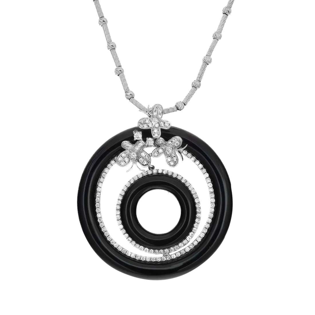 Rachel Koen 18K White Gold Diamond Onyx Butterfly Pendant Necklace 2.25Ctw: Rachel Koen 18K White Gold Diamond Onyx Butterfly Pendant Necklace 2.25Ctw Elevate your style with this stunning Diamond and Onyx Butterfly Circular Pendant Necklace, crafted from luxurious 18K white