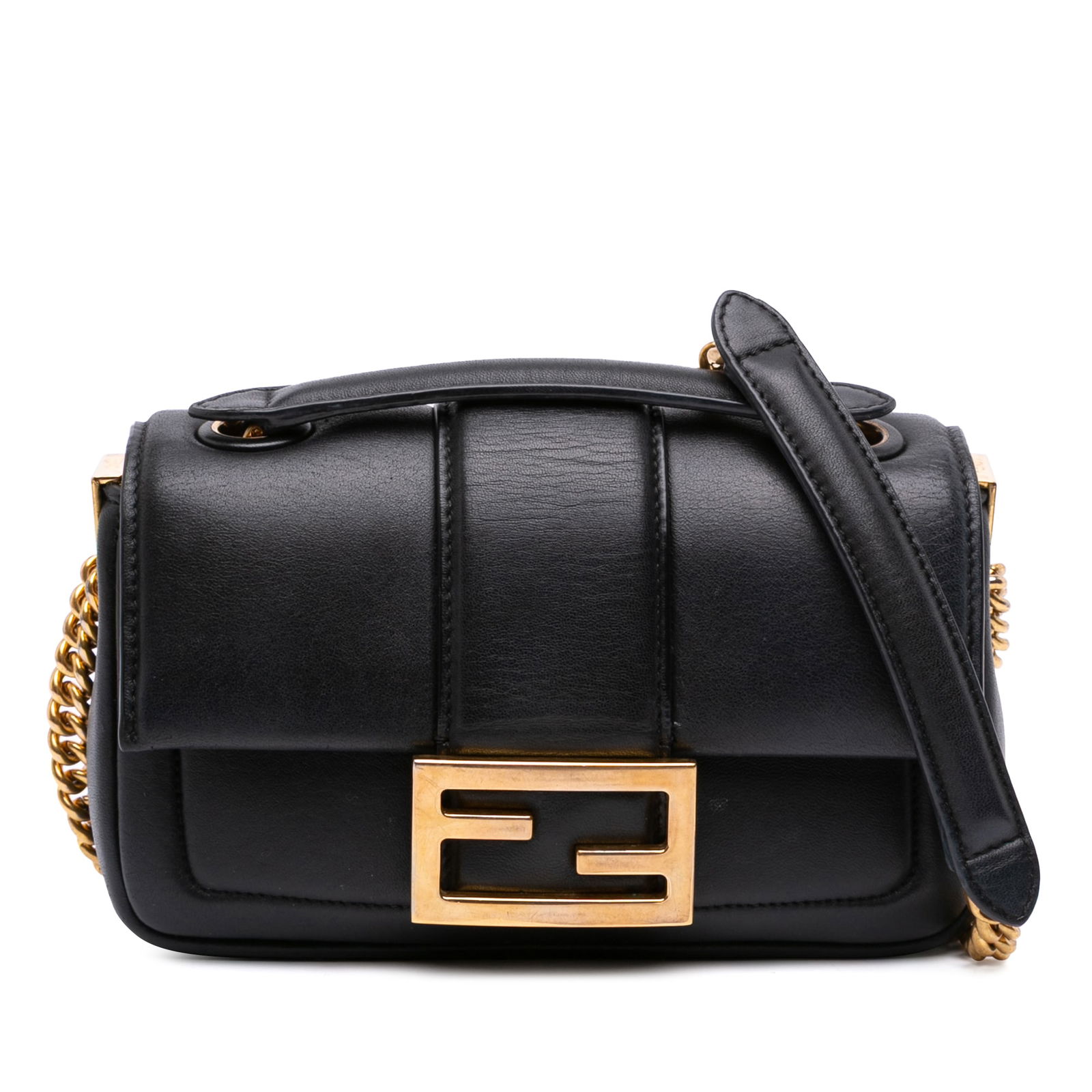 Fendi Mini Nappa Apolo Chain Baguette Black Leather Shoulder Bag: Fendi Mini Nappa Apolo Chain Baguette Black Leather Shoulder Bag The Fendi Mini Nappa Apolo Chain Baguette Shoulder Bag is a stylish accessory crafted from high-quality leather. This bag features a ch