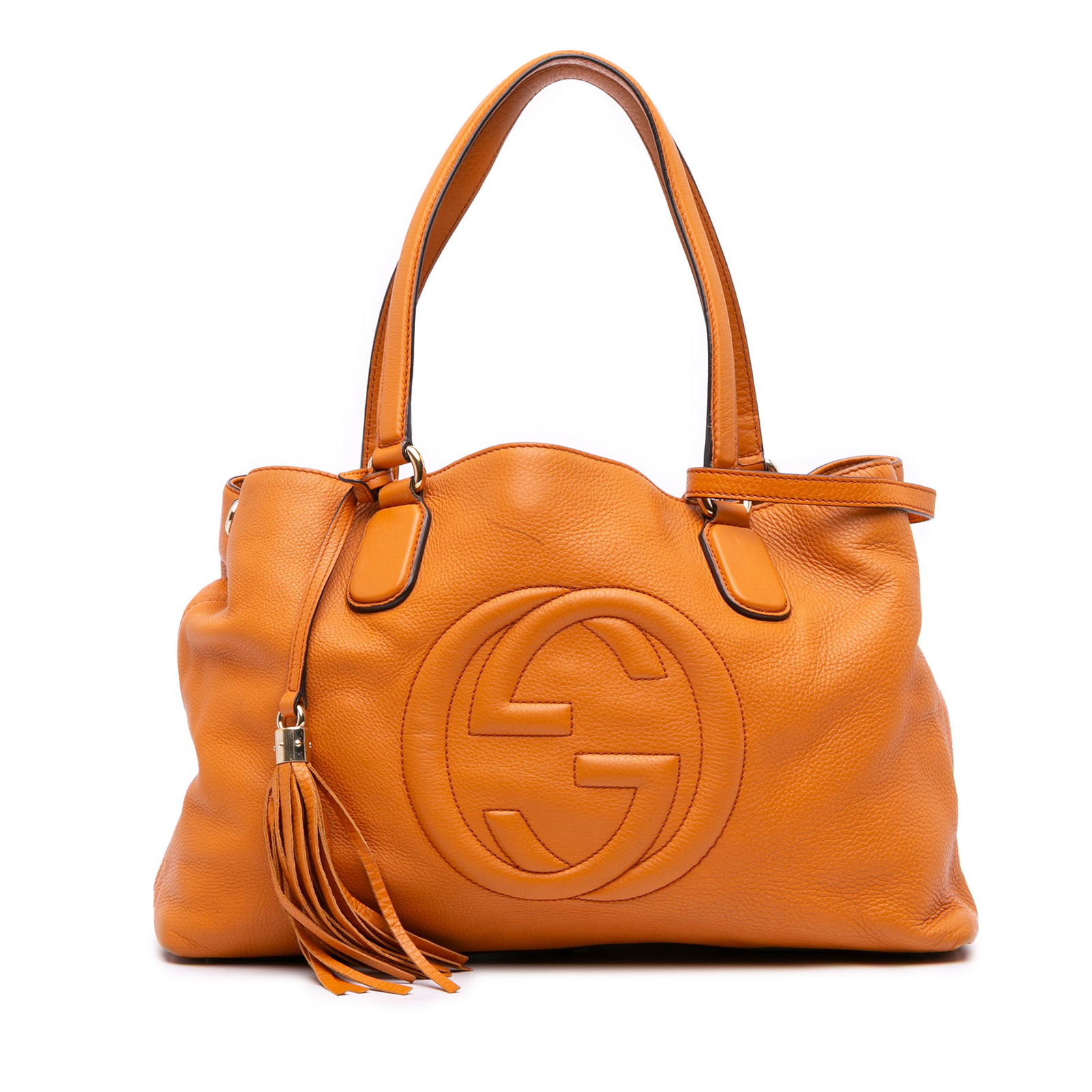 Gucci Medium Leather Soho Satchel in Orange with Tassel: Gucci Medium Leather Soho Satchel in Orange with Tassel The Gucci Medium Leather Soho Working Satchel is a stylish and functional bag designed for everyday use. Crafted from high-quality leather, this
