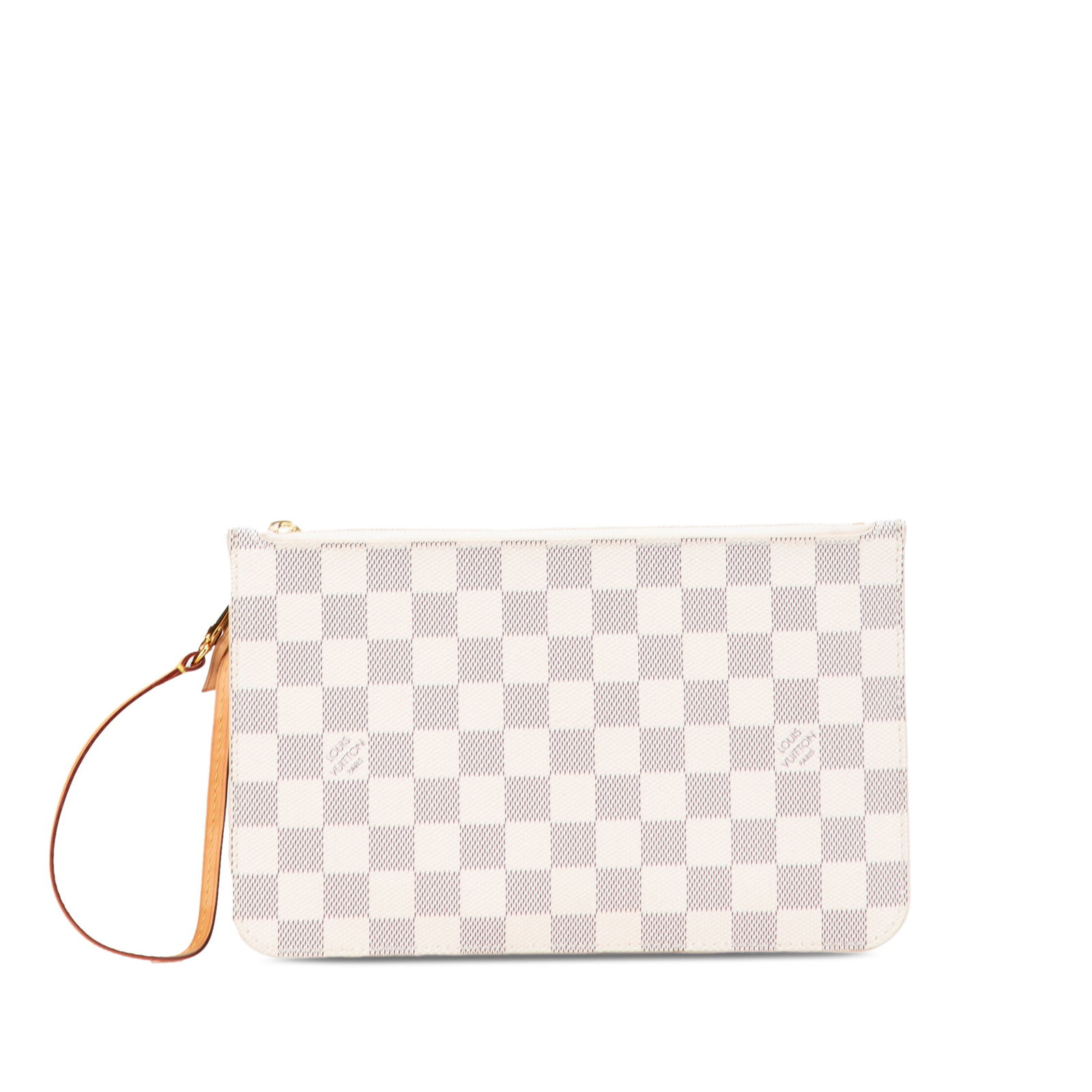 Louis Vuitton Damier Azur Neverfull Pouch MM with Wrist Strap: Louis Vuitton Damier Azur Neverfull Pouch MM with Wrist Strap This Louis Vuitton Damier Azur Neverfull Pouch MM is an elegant accessory crafted from premium damier azur canvas, featuring a chic flat v