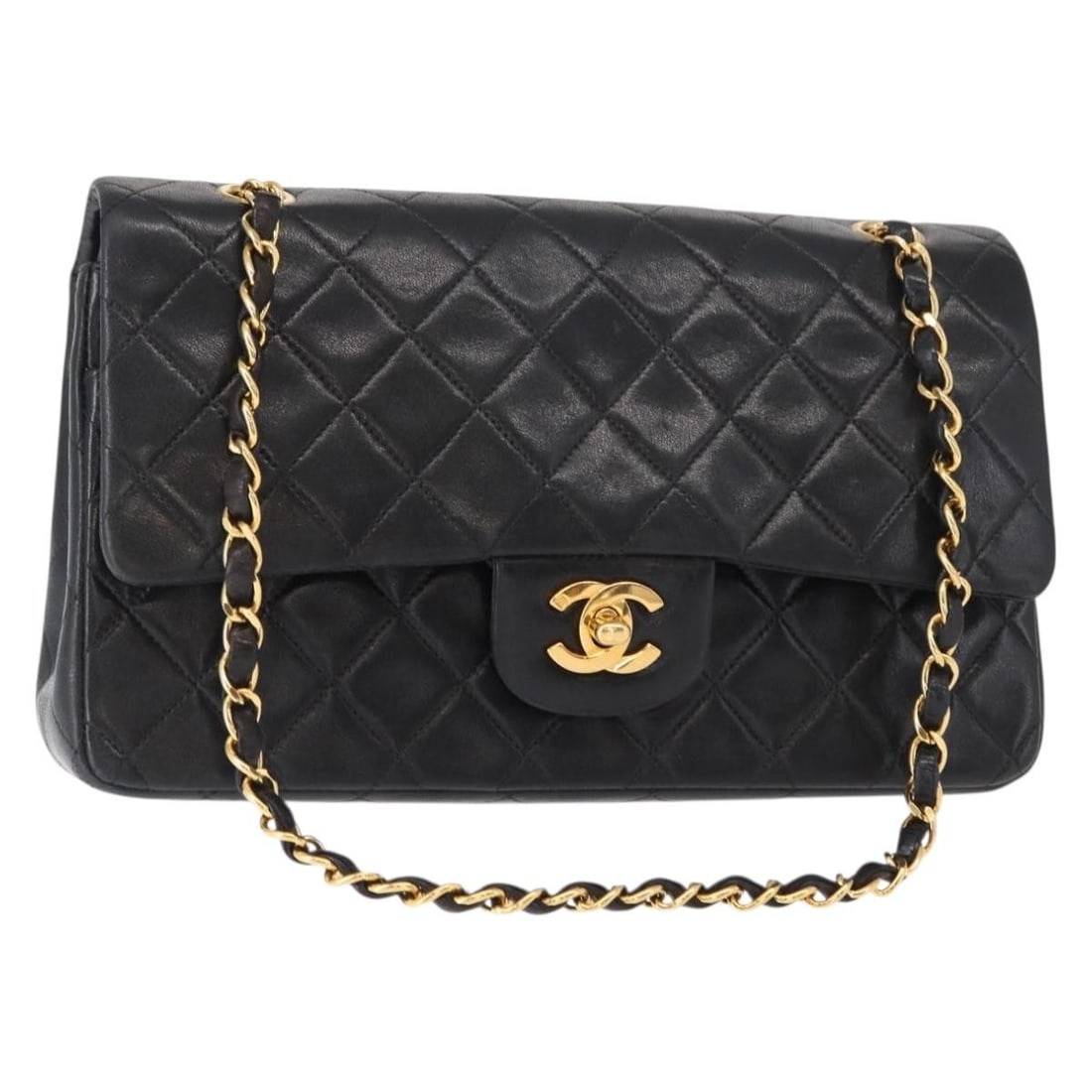 CHANEL Matelasse 25 Double Flap Lamb Skin Shoulder Bag Black Gold Auth (1 of 18)