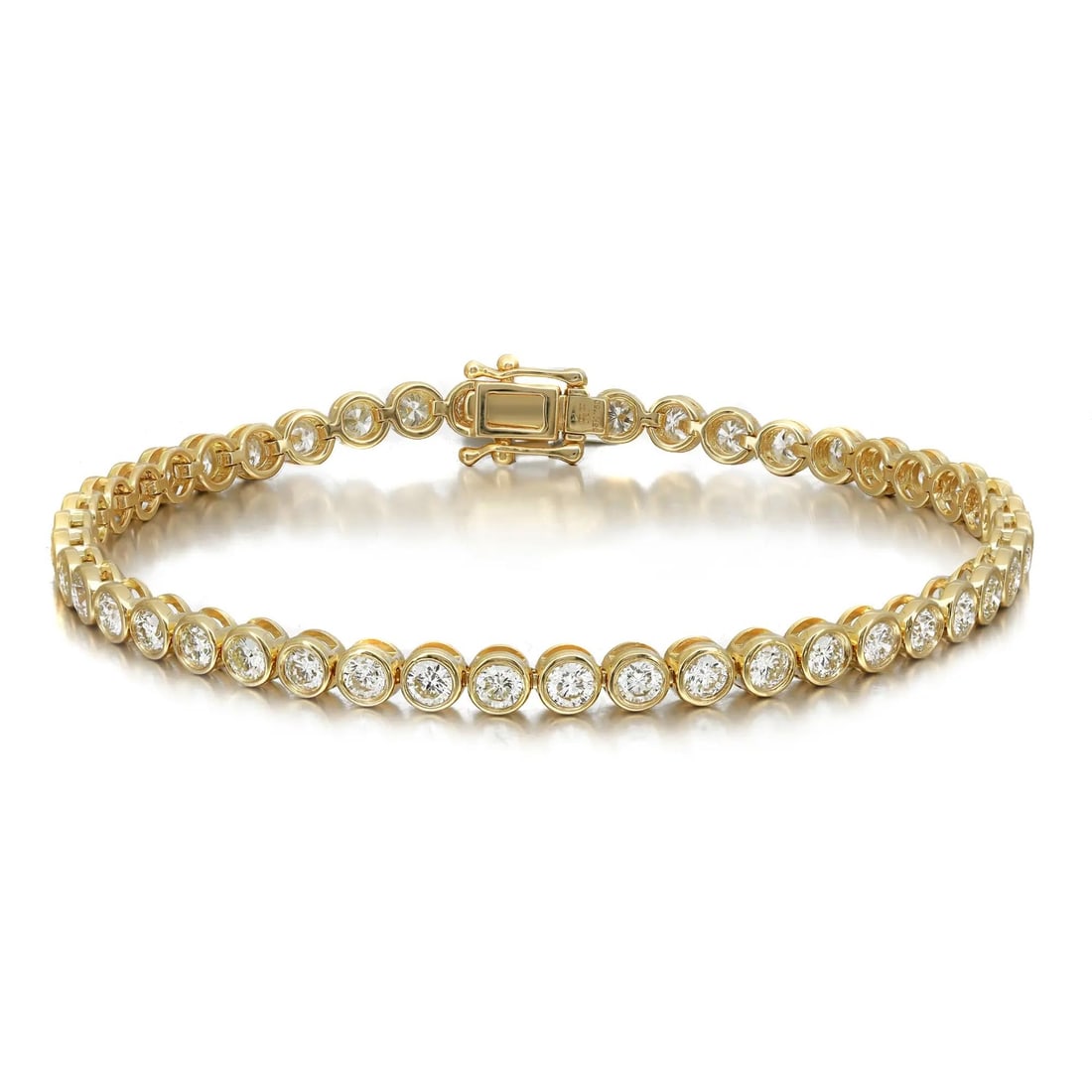 Rachel Koen 18K Yellow Gold Diamond Tennis Bracelet 3.98ct 7in Bezel Set: Rachel Koen 18K Yellow Gold Diamond Tennis Bracelet 3.98ct 7in Bezel Set Elevate your jewelry collection with this exquisite Bezel Set Round Cut Diamond Tennis Bracelet, crafted in luxurious 18K yello
