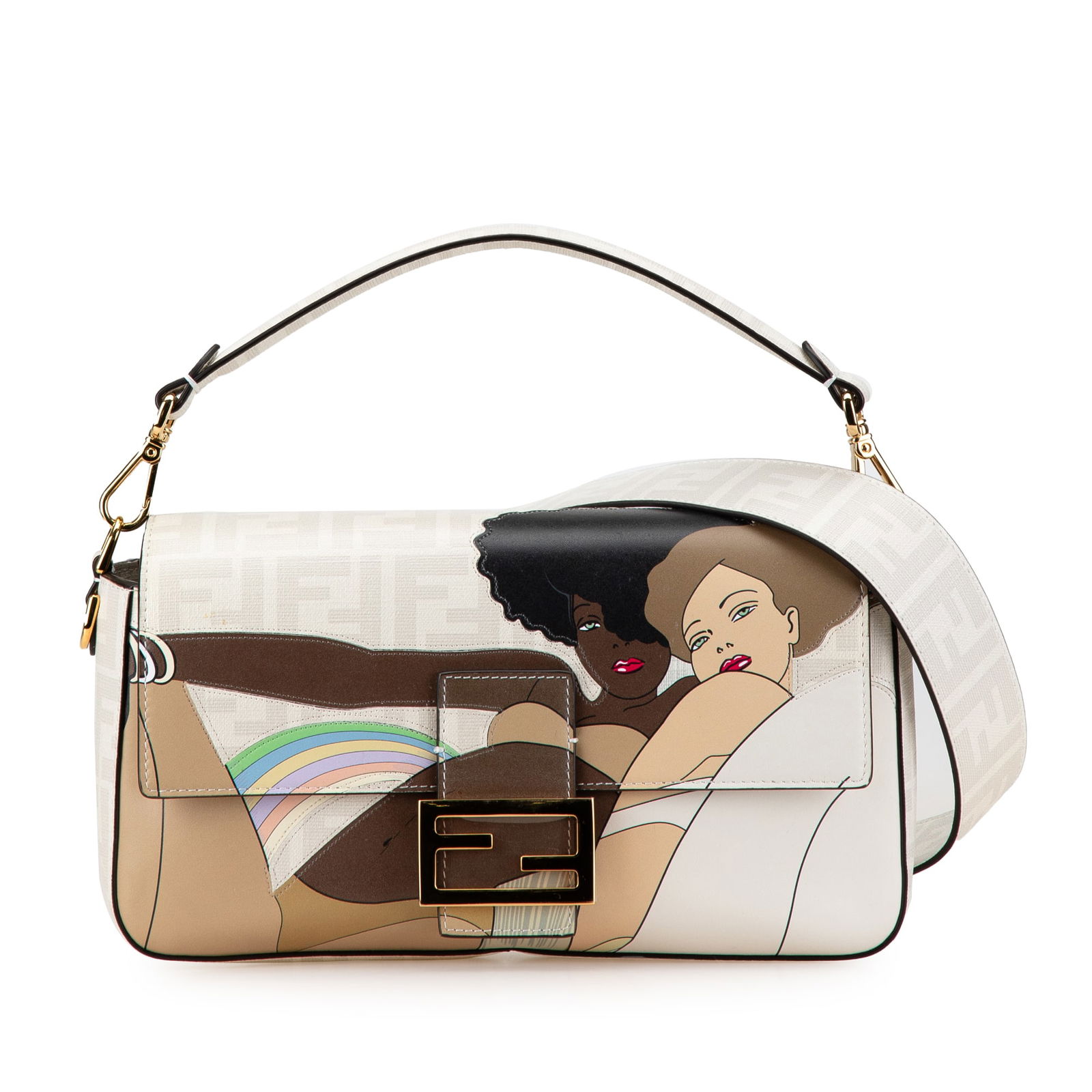 Fendi Zucca Graphic Print Coated Canvas Baguette Satchel White: Fendi Zucca Graphic Print Coated Canvas Baguette Satchel White This Fendi Zucca Graphic Print Coated Canvas Bikini Girls Baguette Satchel is a stylish accessory featuring a printed coated canvas body.